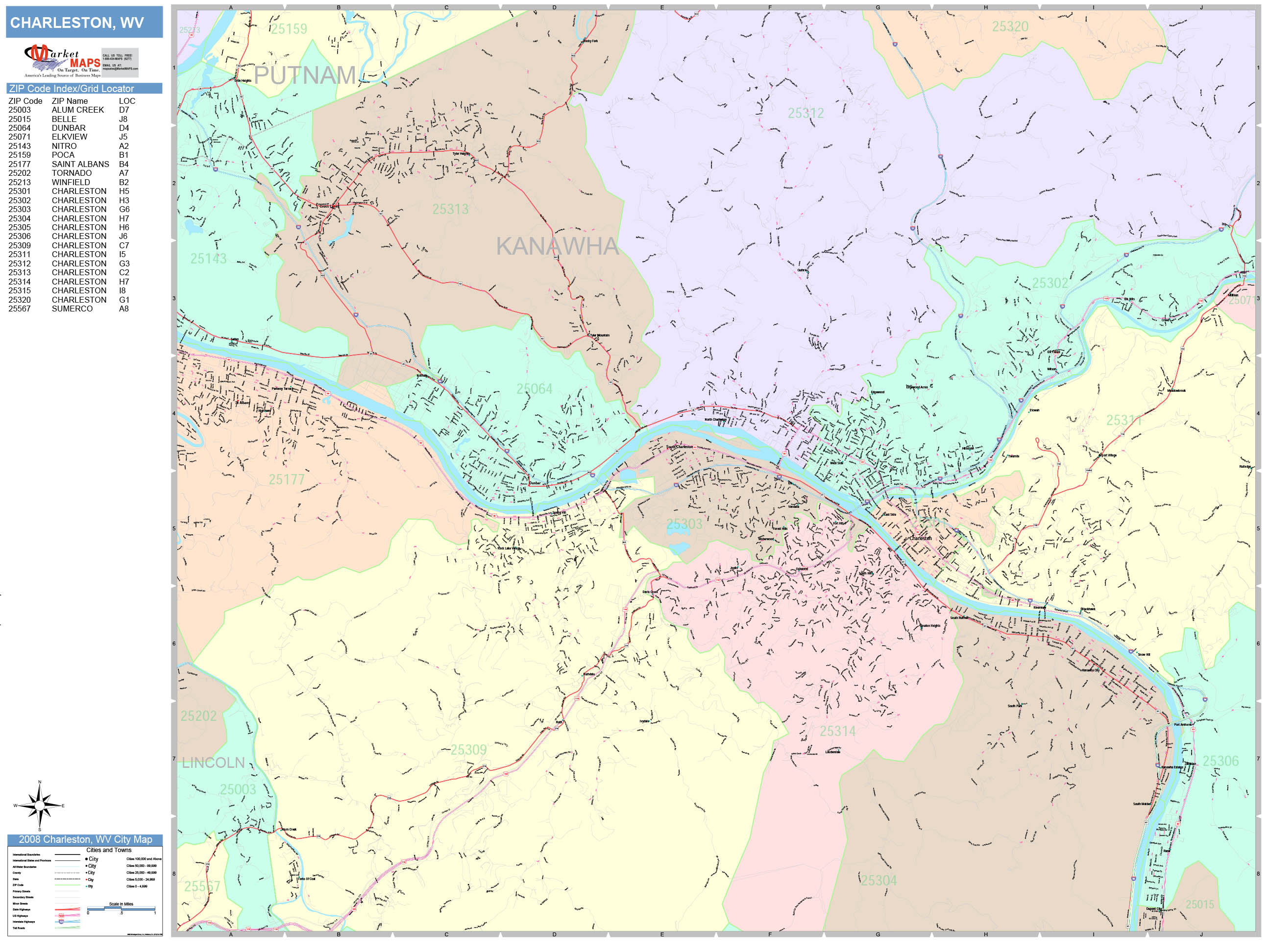 Charleston West Virginia Wall Map (Color Cast Style) by MarketMAPS