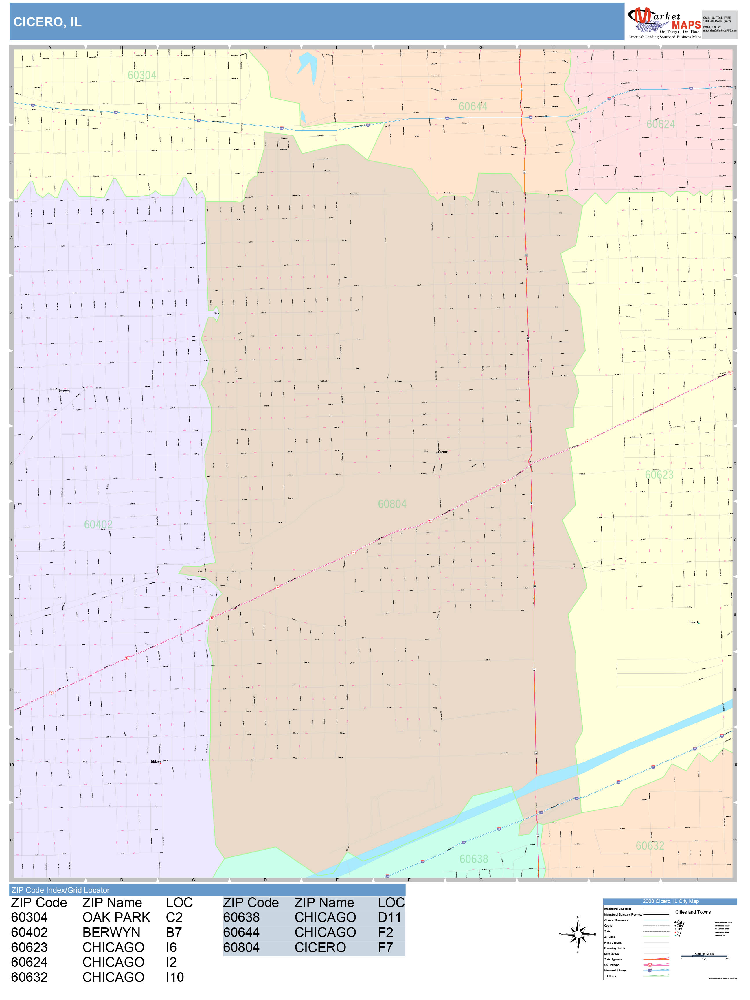 Cicero Illinois Wall Map (Color Cast Style) by MarketMAPS
