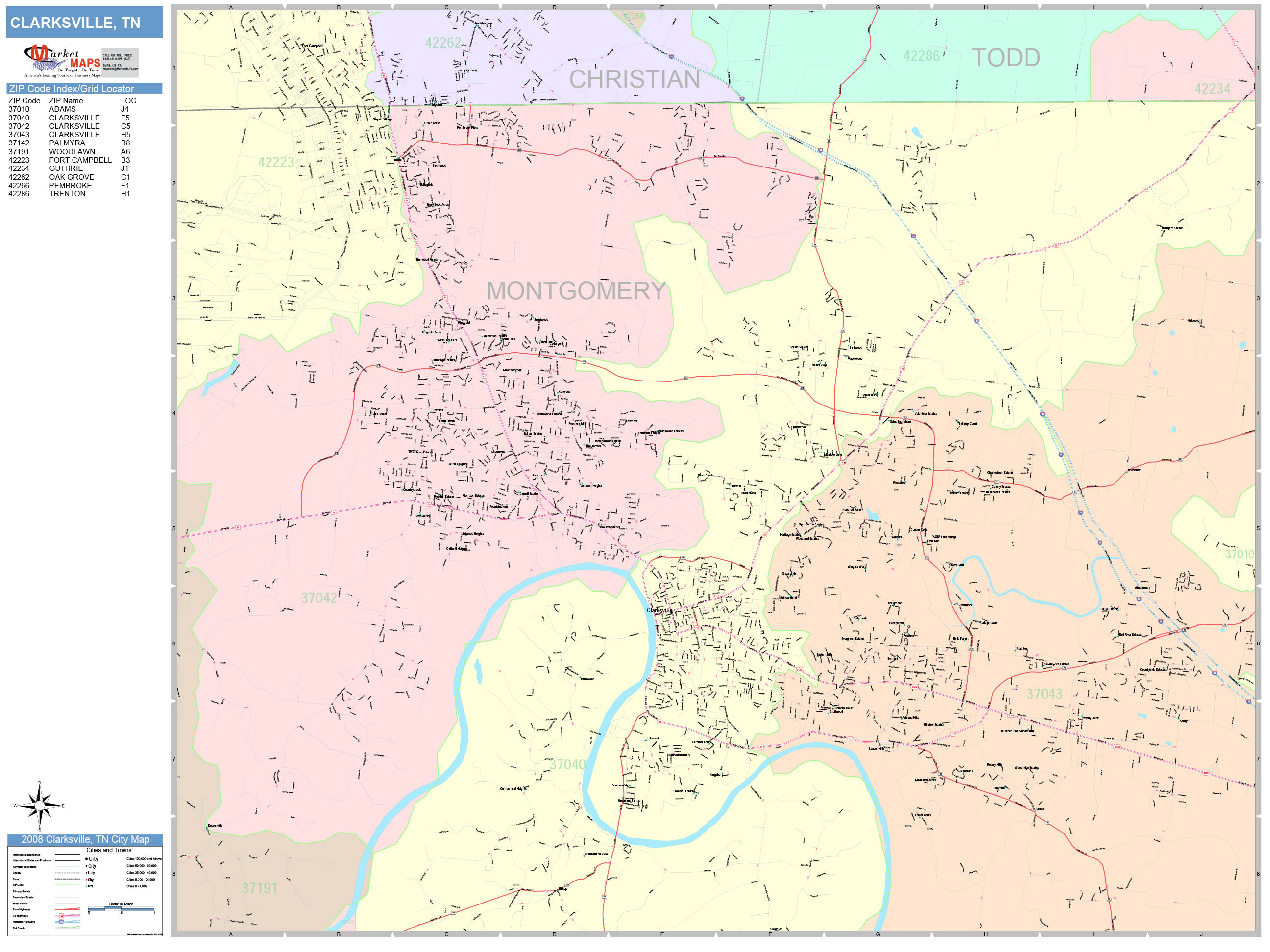 Clarksville Tennessee Wall Map (Color Cast Style) by MarketMAPS MapSales