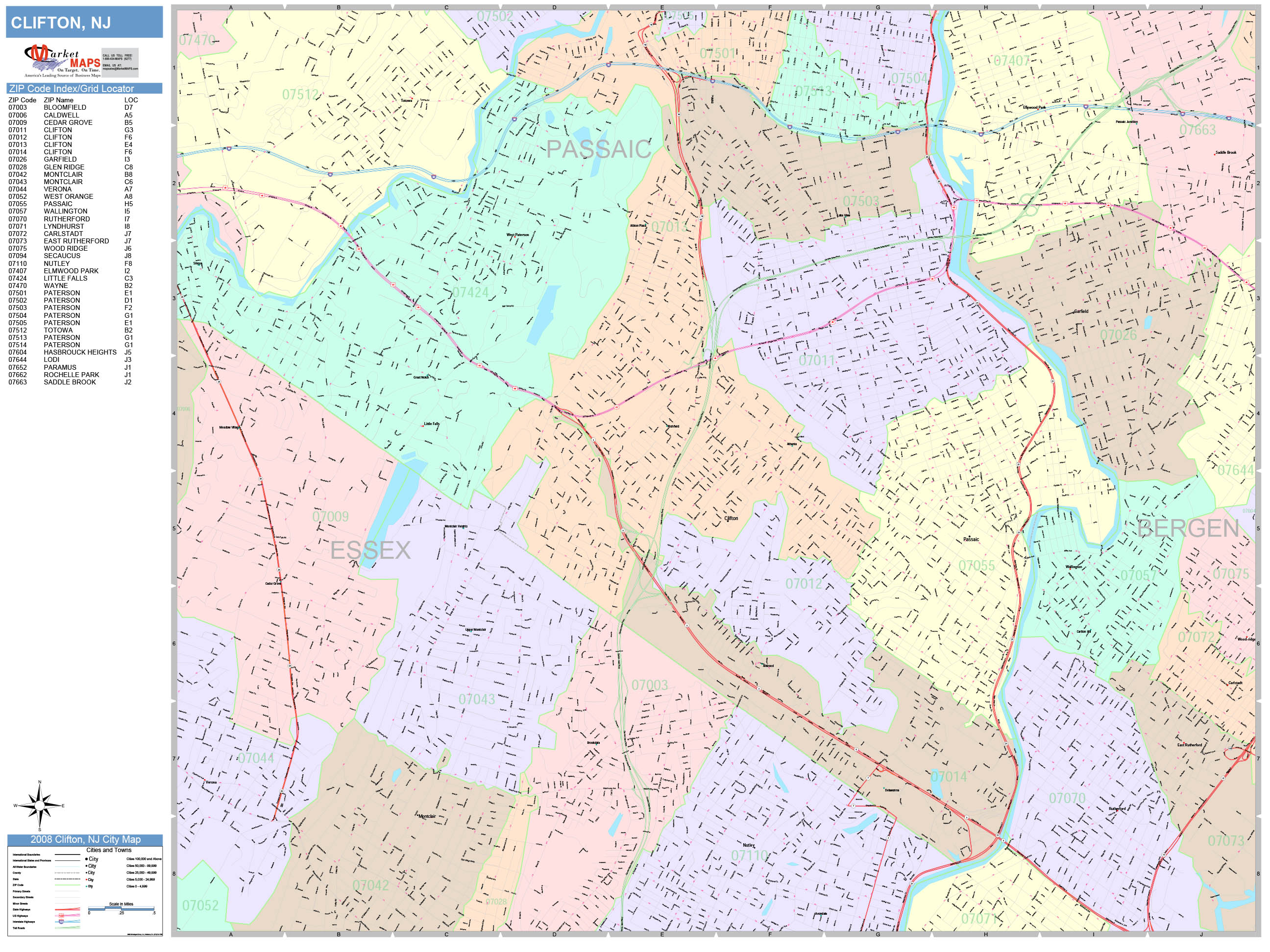 Clifton New Jersey Wall Map (Color Cast Style) by MarketMAPS