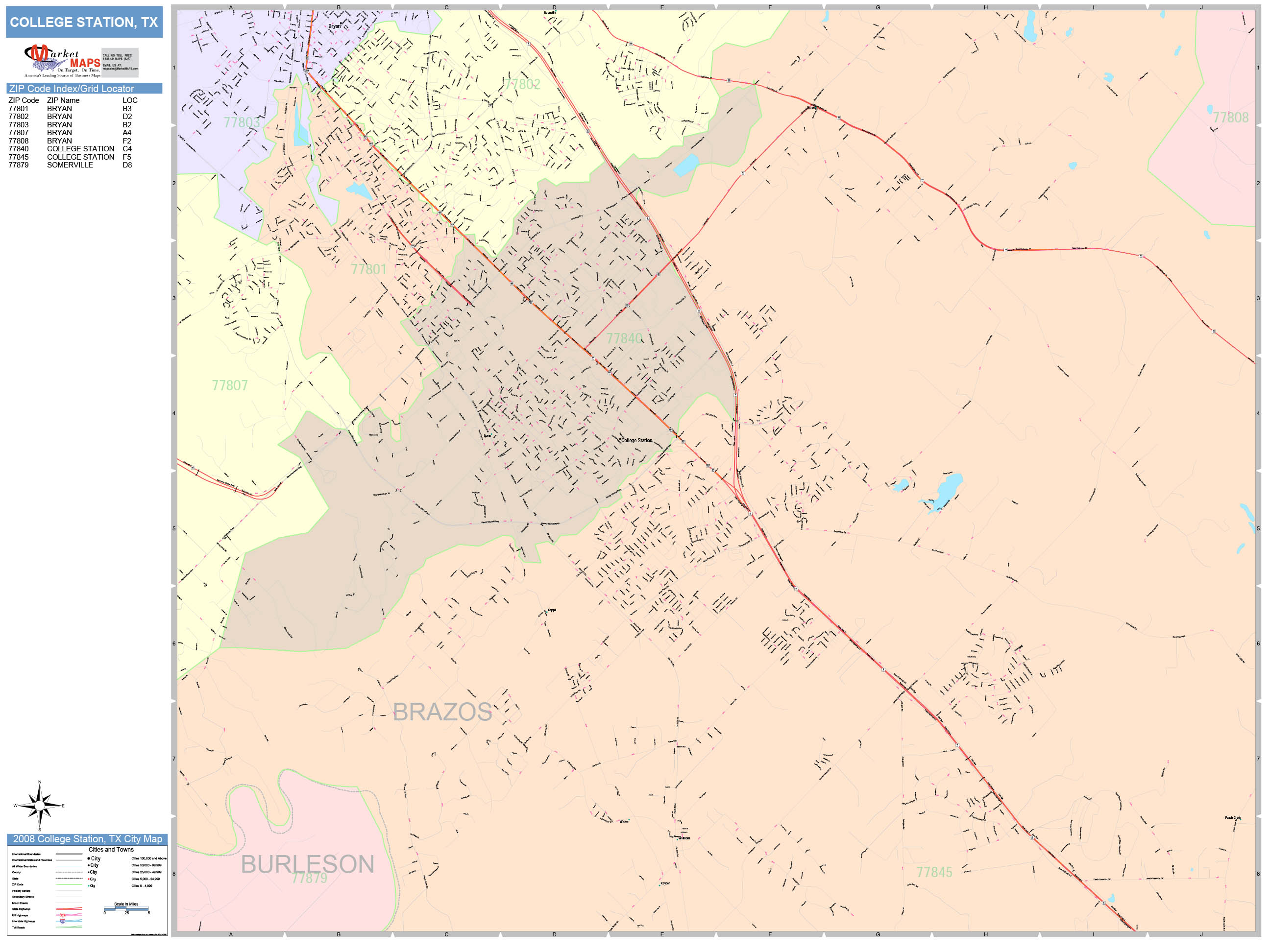 College Station Texas Wall Map (Color Cast Style) by MarketMAPS