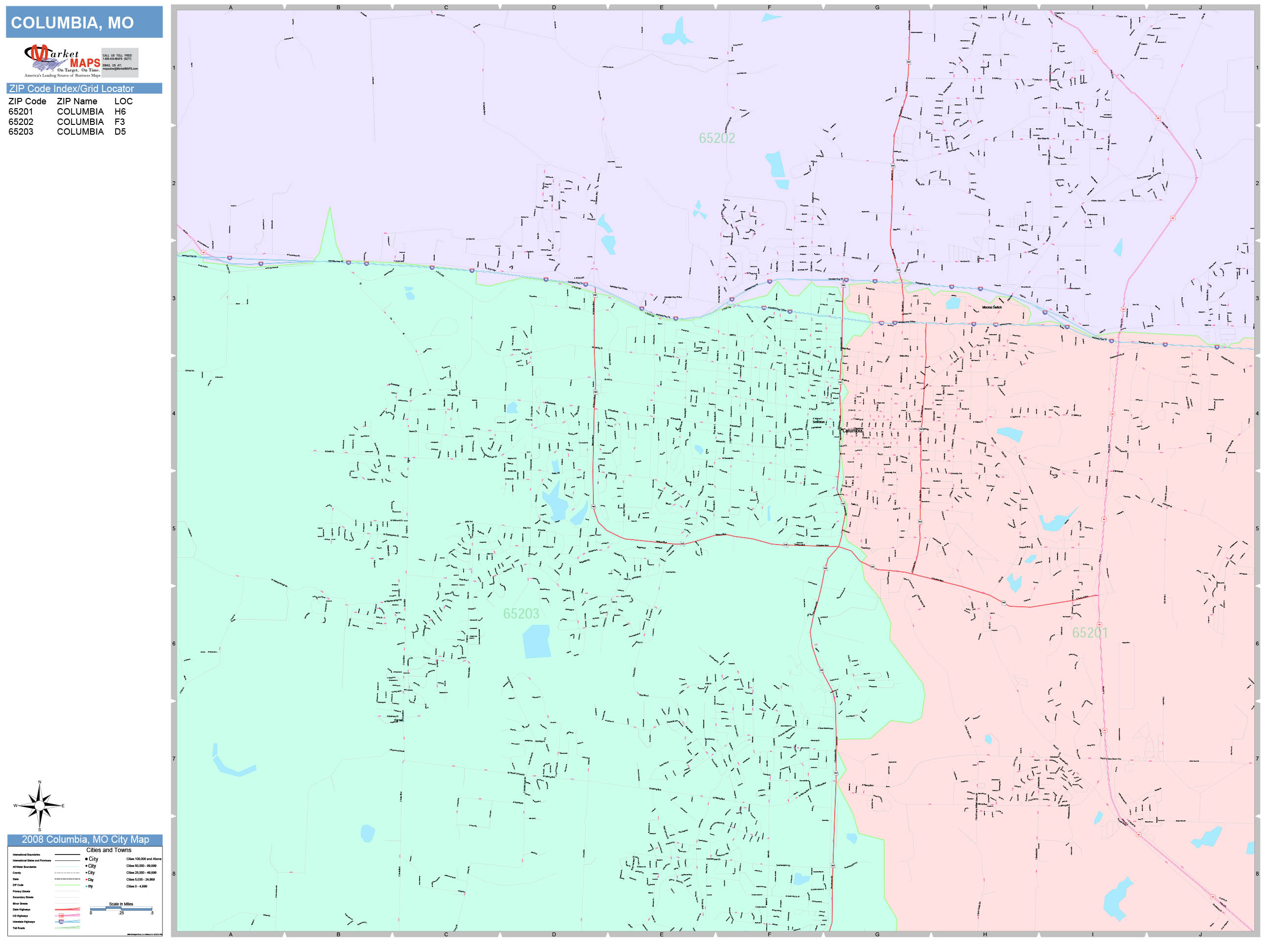 Columbia Missouri Wall Map (Color Cast Style) by MarketMAPS