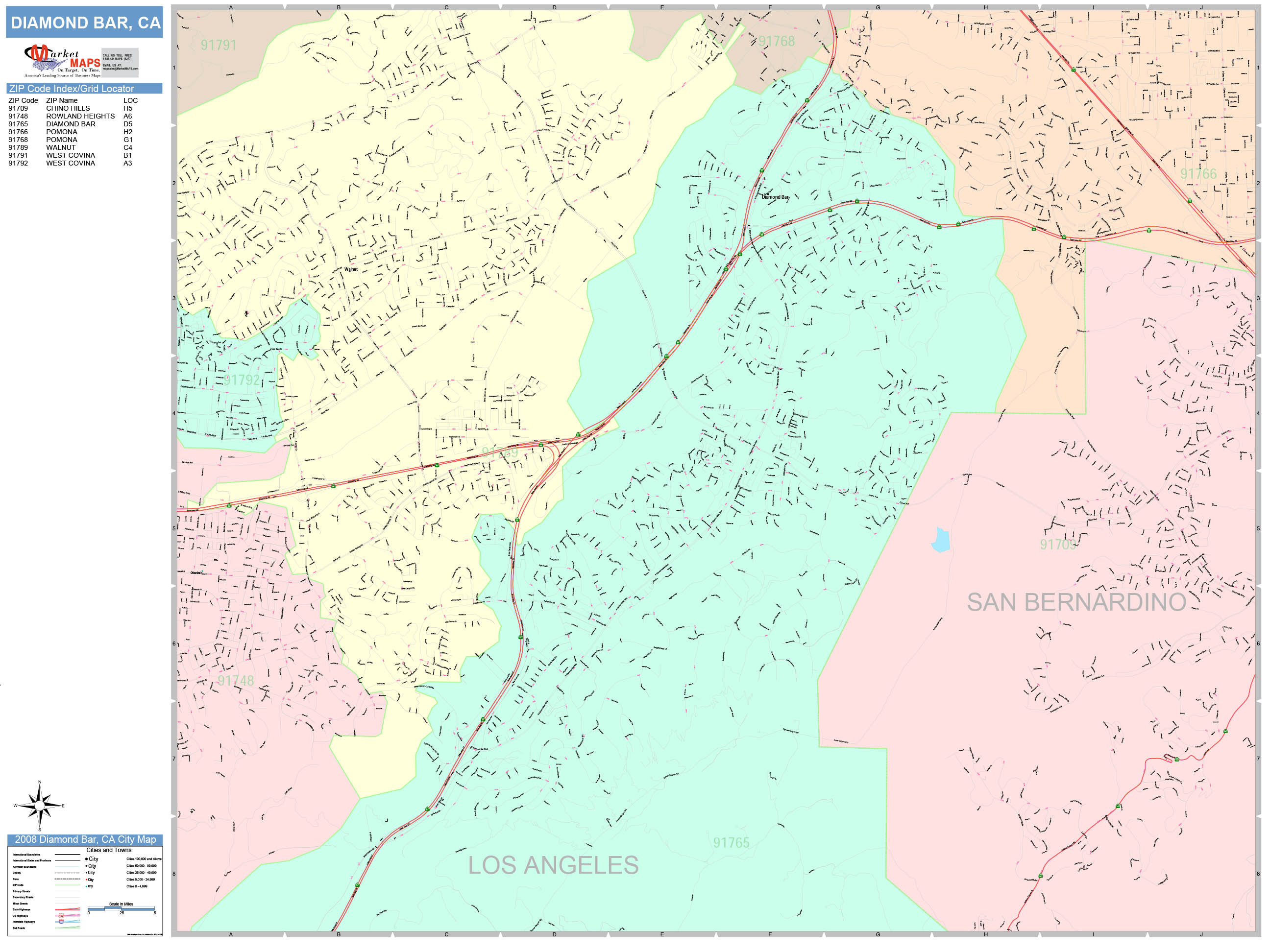 Diamond Bar California Wall Map (Color Cast Style) by MarketMAPS - MapSales