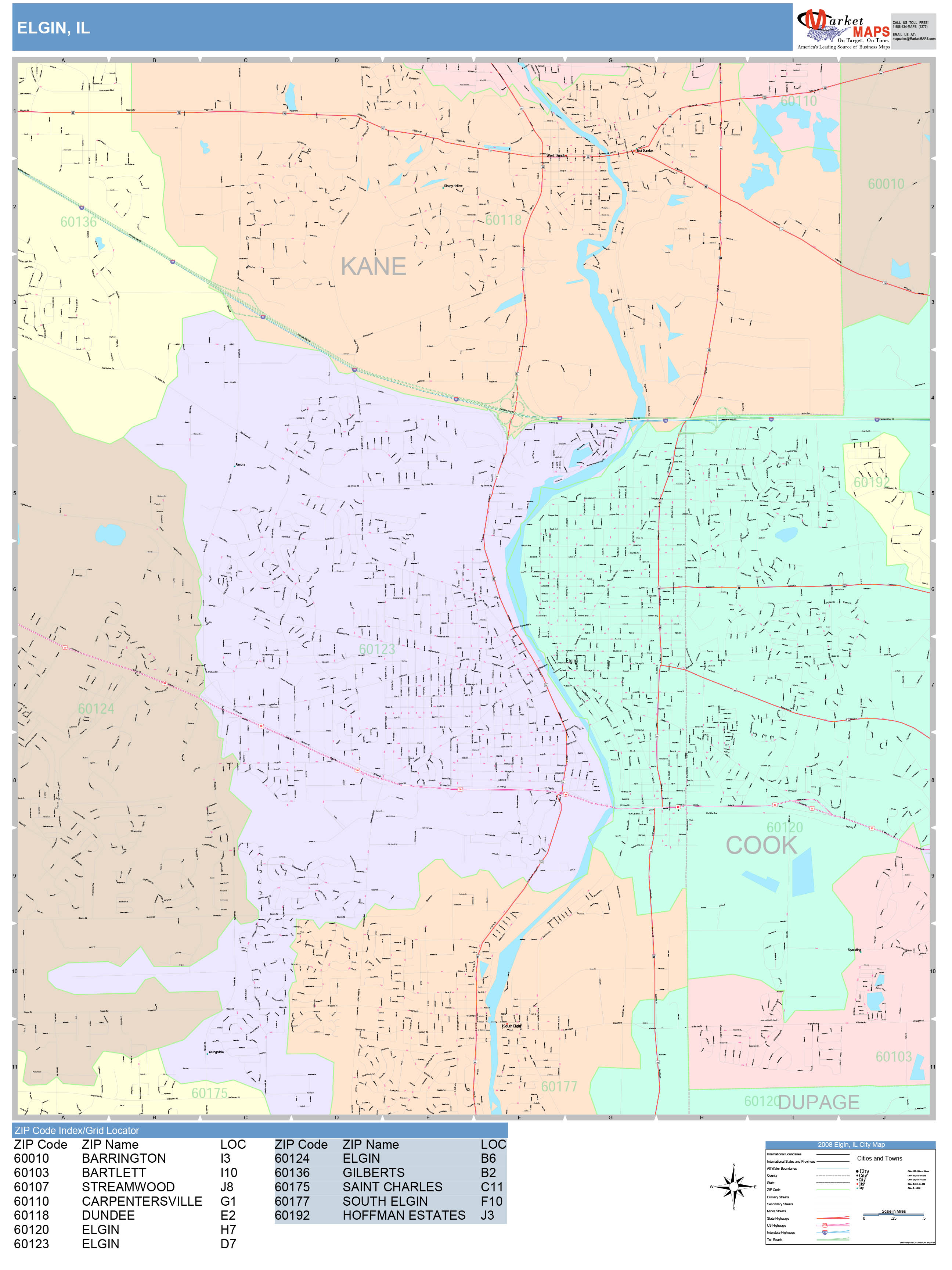 Elgin Illinois Wall Map (Color Cast Style) by MarketMAPS - MapSales.com