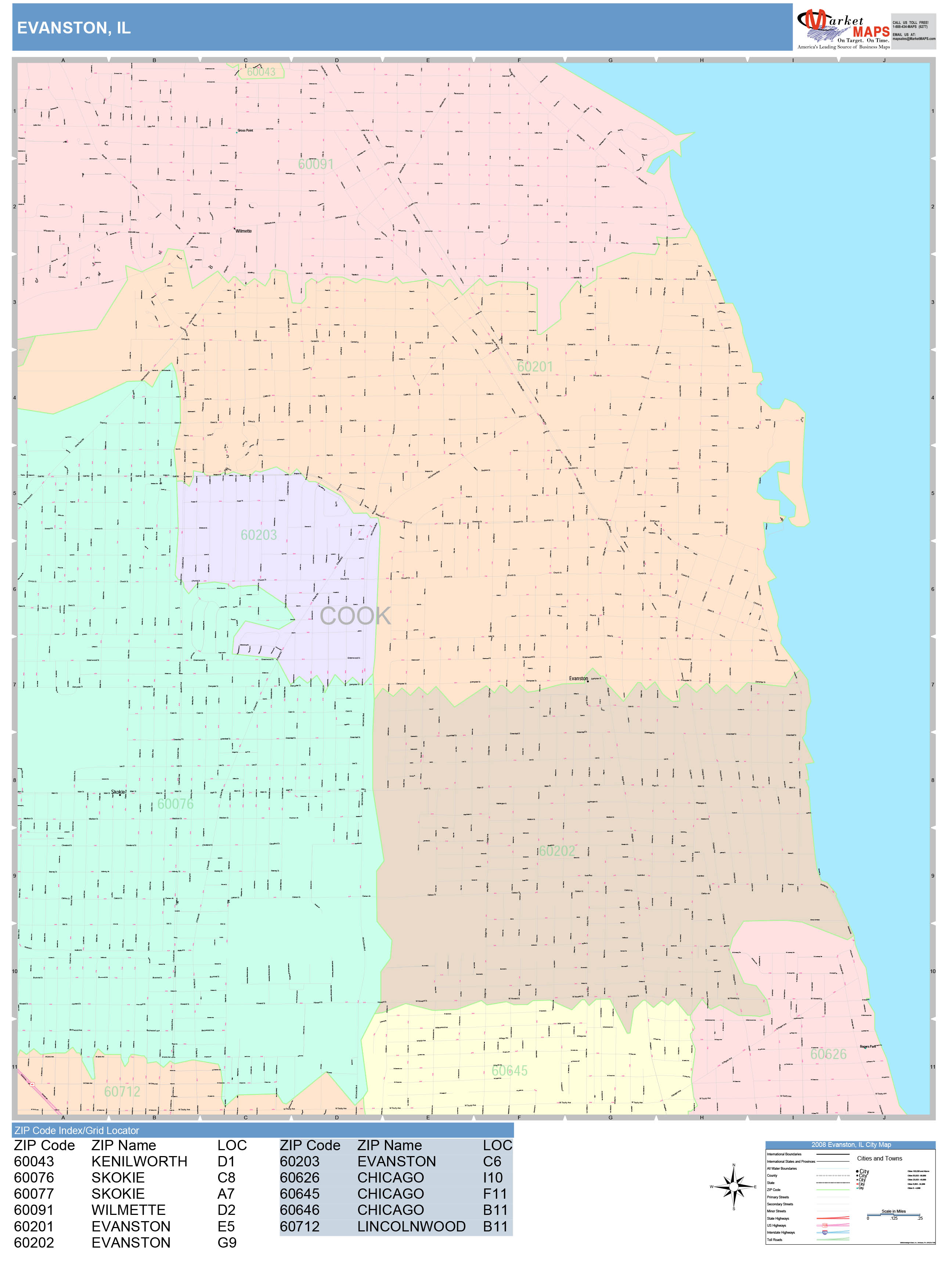 Evanston Illinois Wall Map (Color Cast Style) by MarketMAPS MapSales