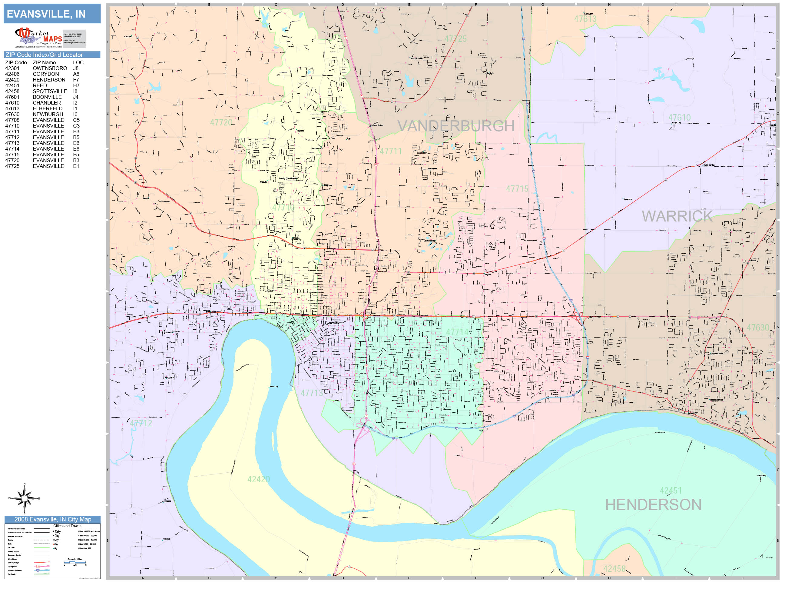 Evansville Indiana Wall Map (Color Cast Style) by MarketMAPS