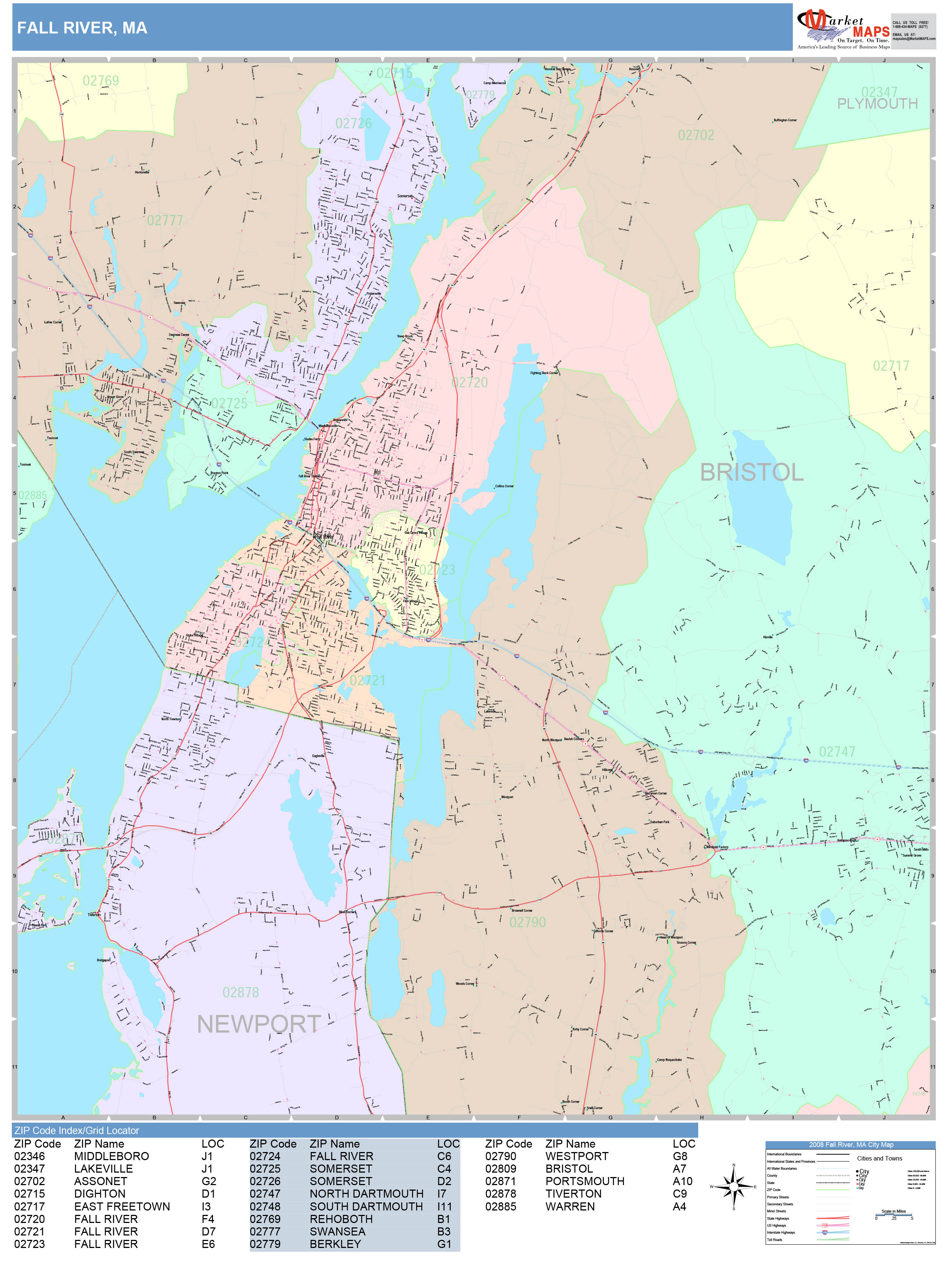 Fall River Massachusetts Wall Map (Color Cast Style) by MarketMAPS