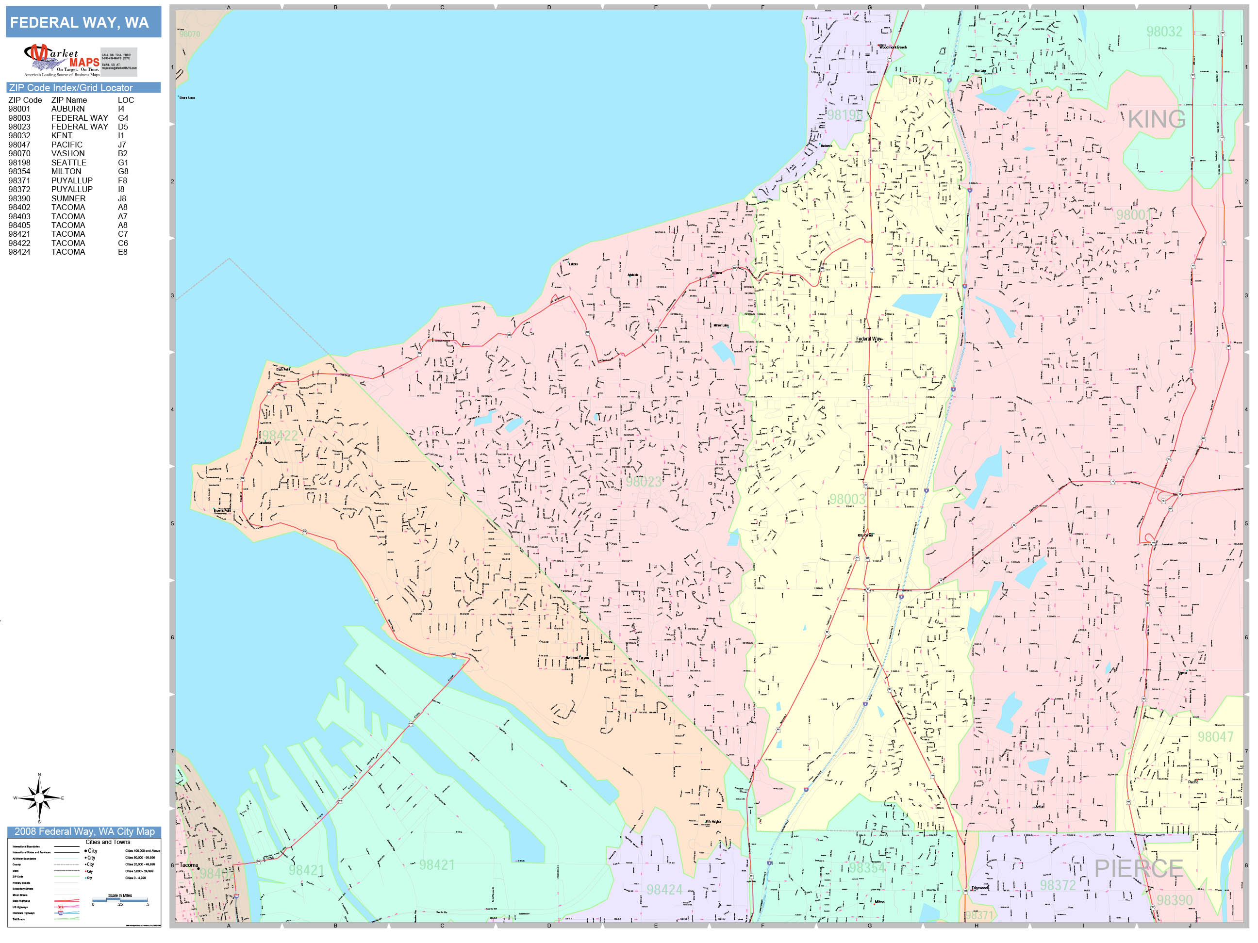 Federal Way Washington Wall Map (Color Cast Style) by MarketMAPS
