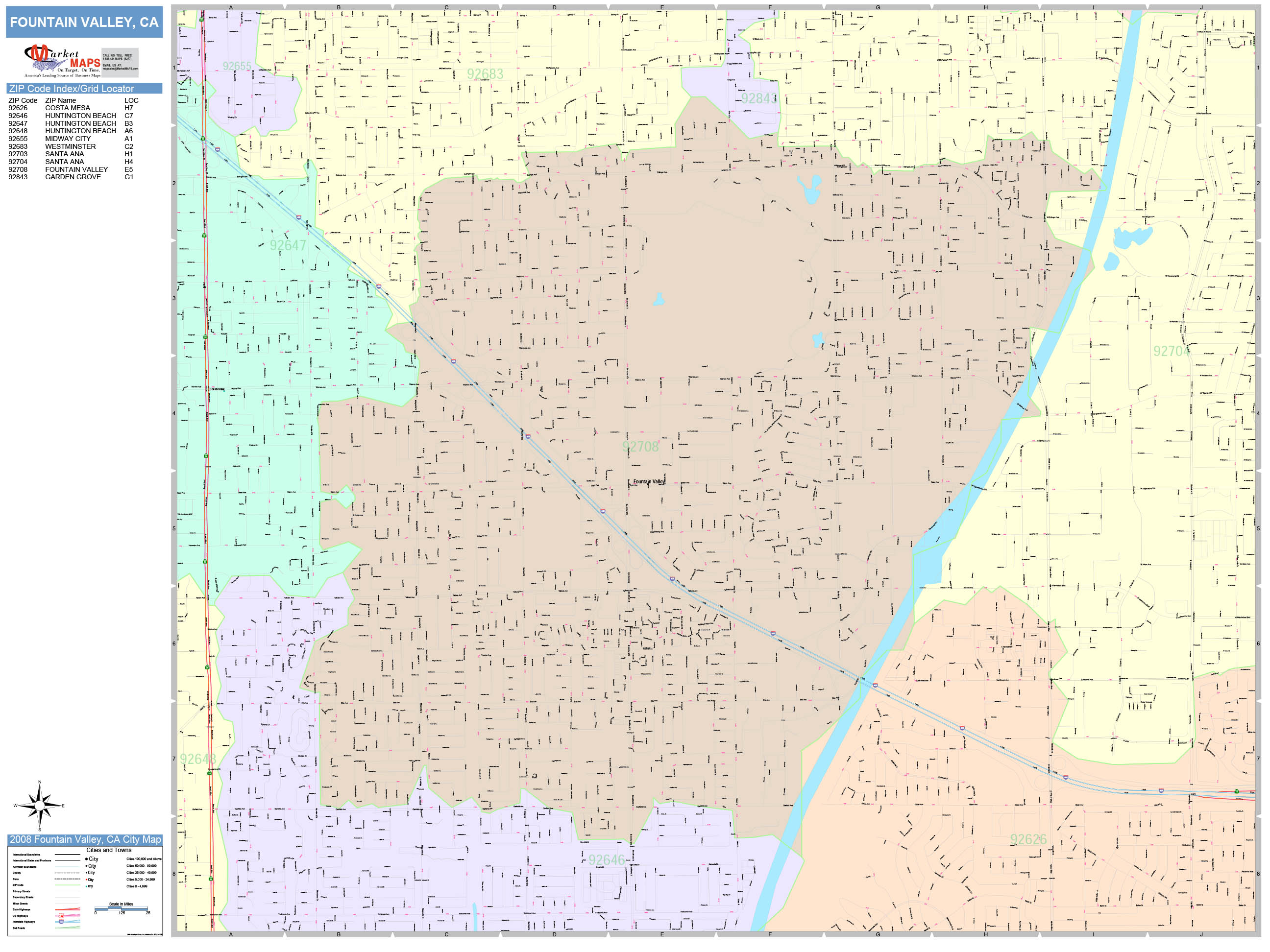 Fountain Valley California Wall Map (Color Cast Style) by MarketMAPS