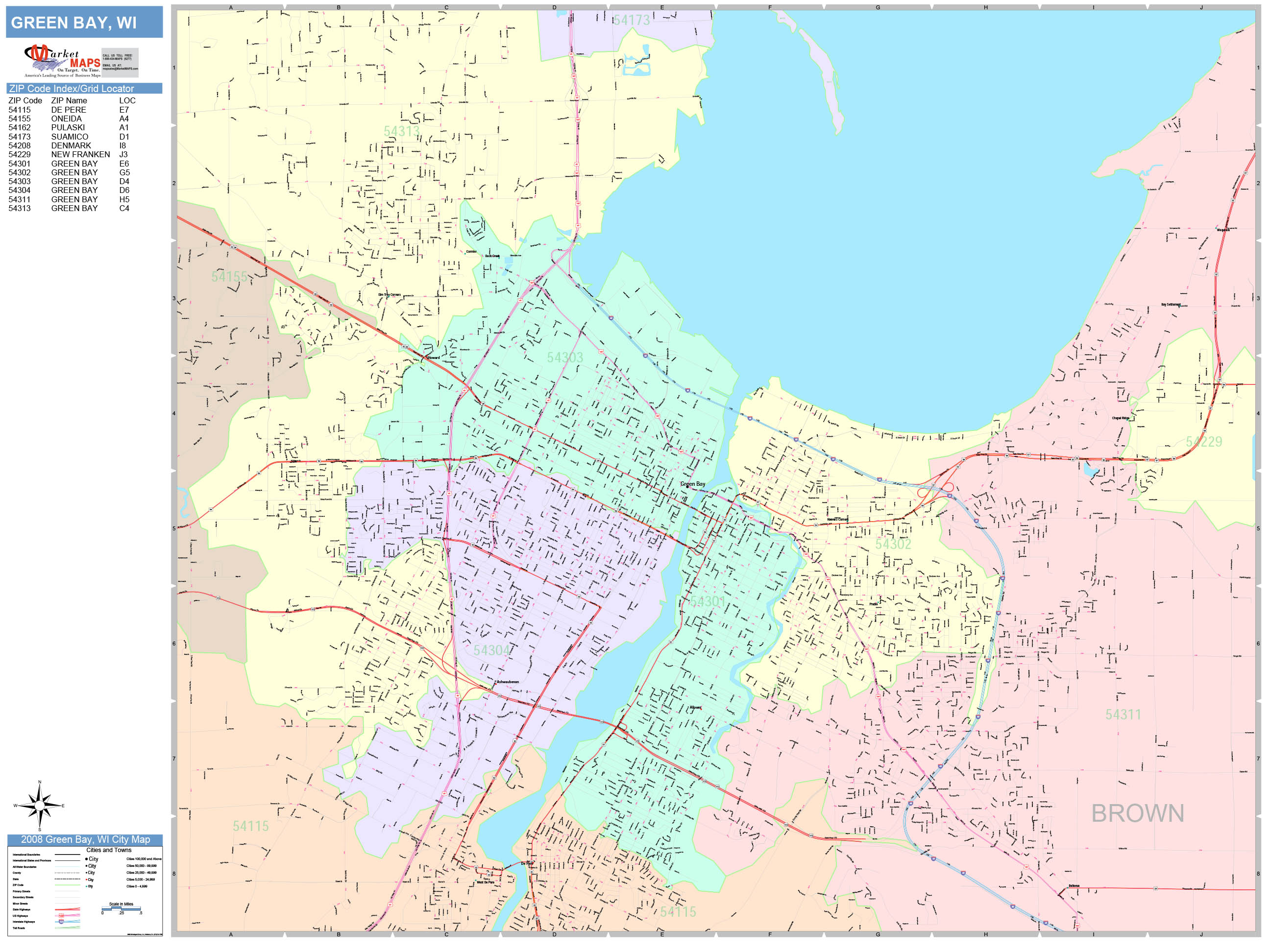 Green Bay Wisconsin Wall Map (Color Cast Style) by MarketMAPS