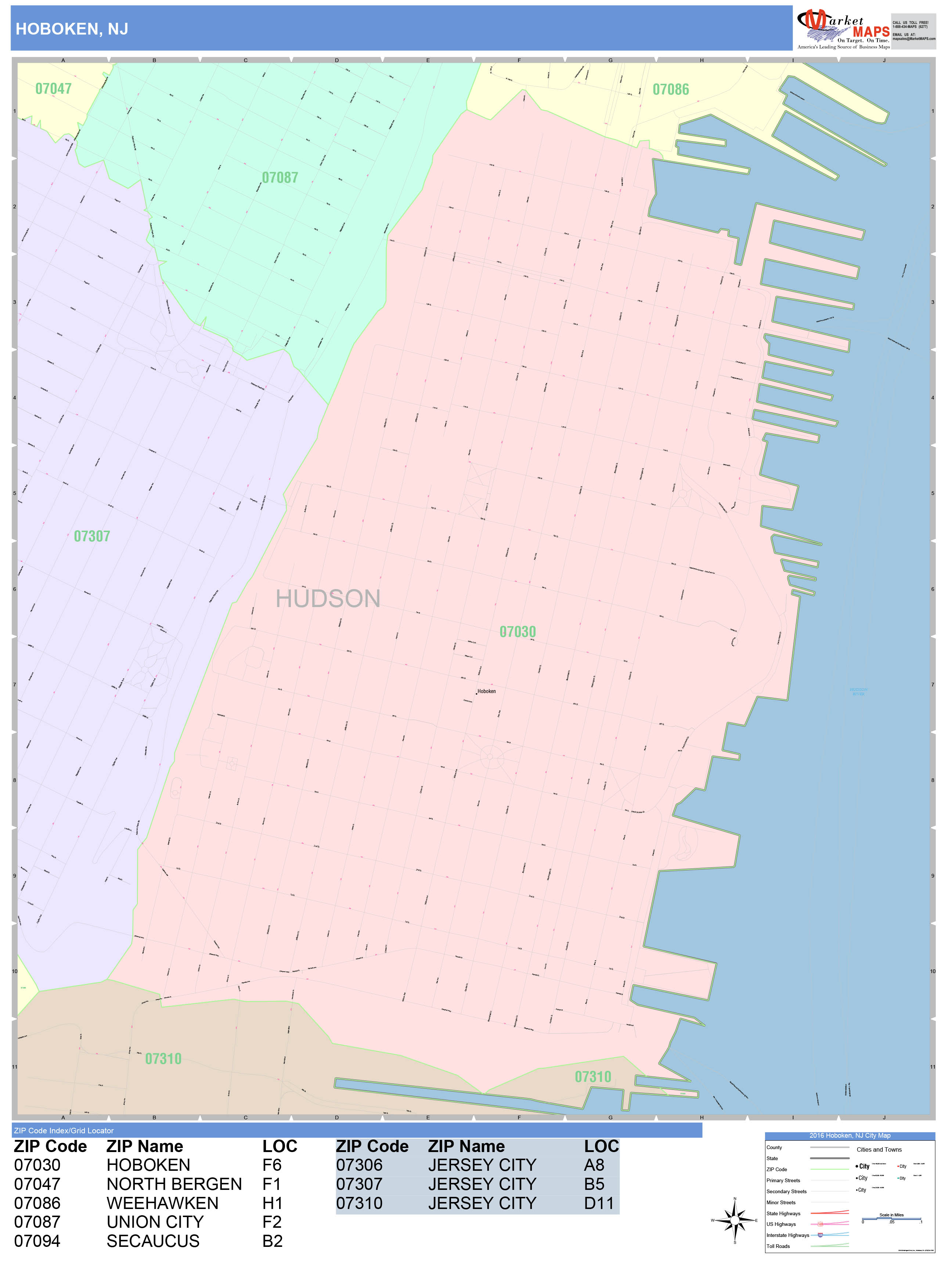 Hoboken New Jersey Wall Map (Color Cast Style) by MarketMAPS