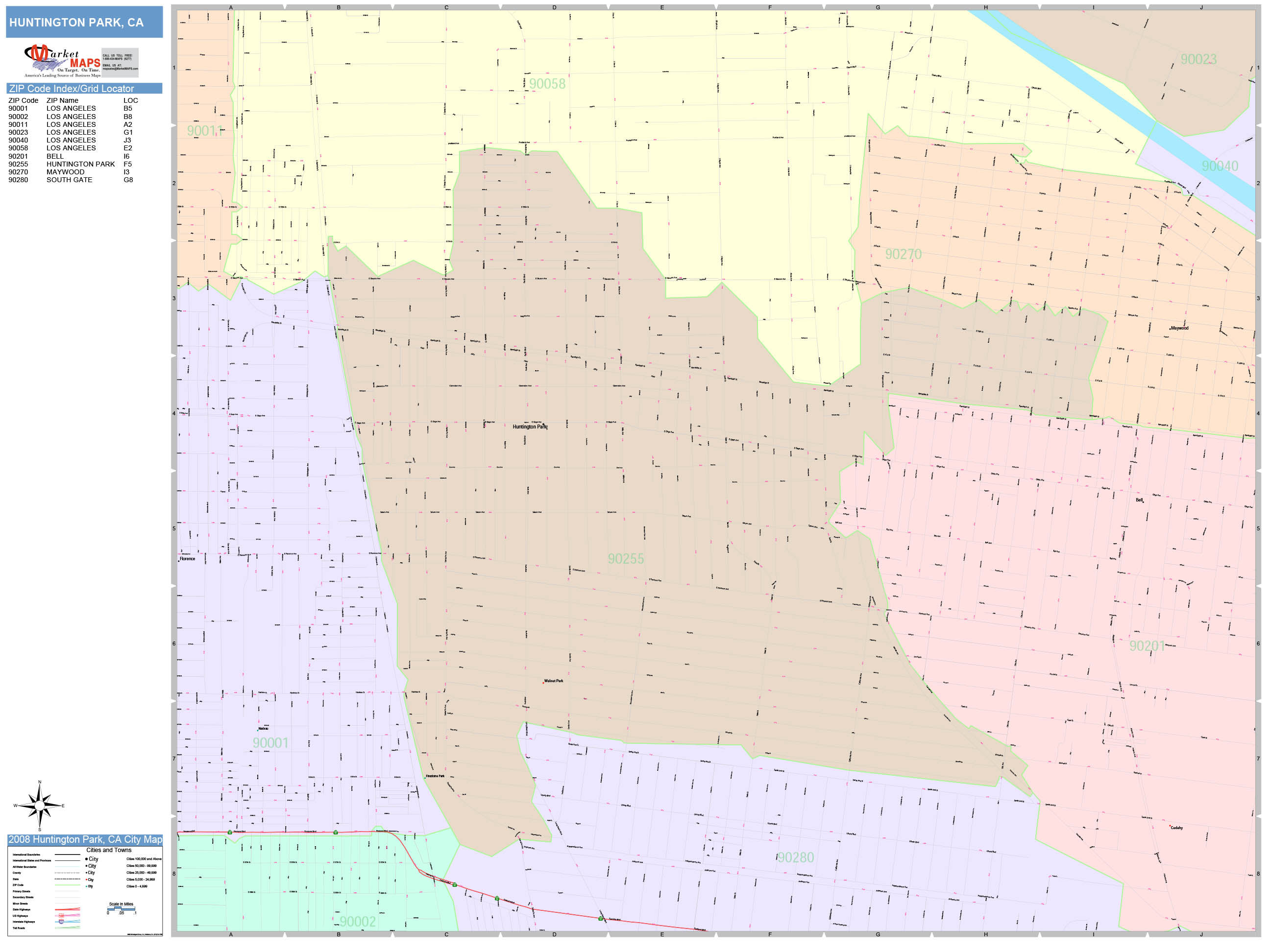 Huntington Park California Wall Map (Color Cast Style) by MarketMAPS