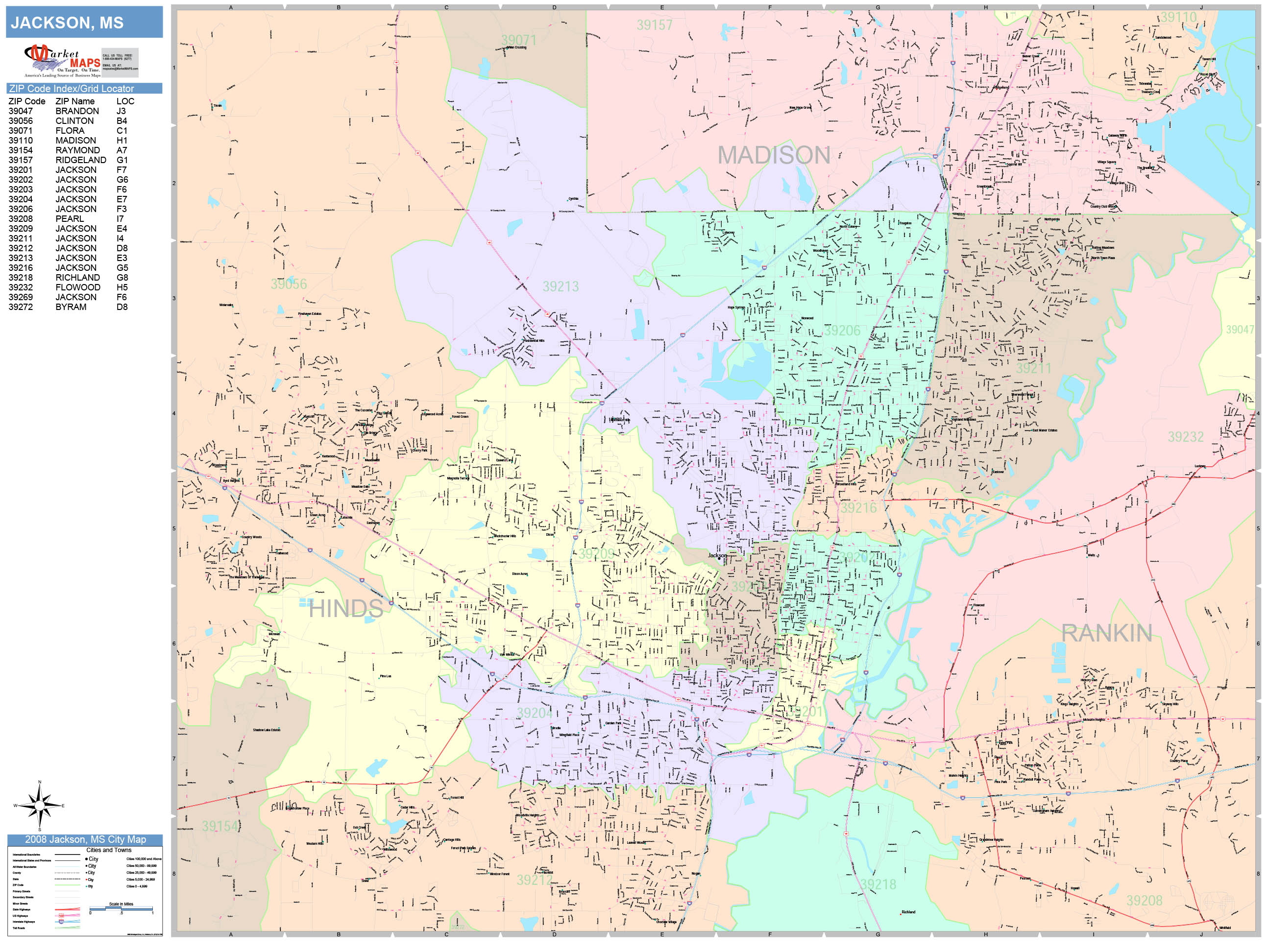 Jackson Mississippi Wall Map (Color Cast Style) by MarketMAPS MapSales