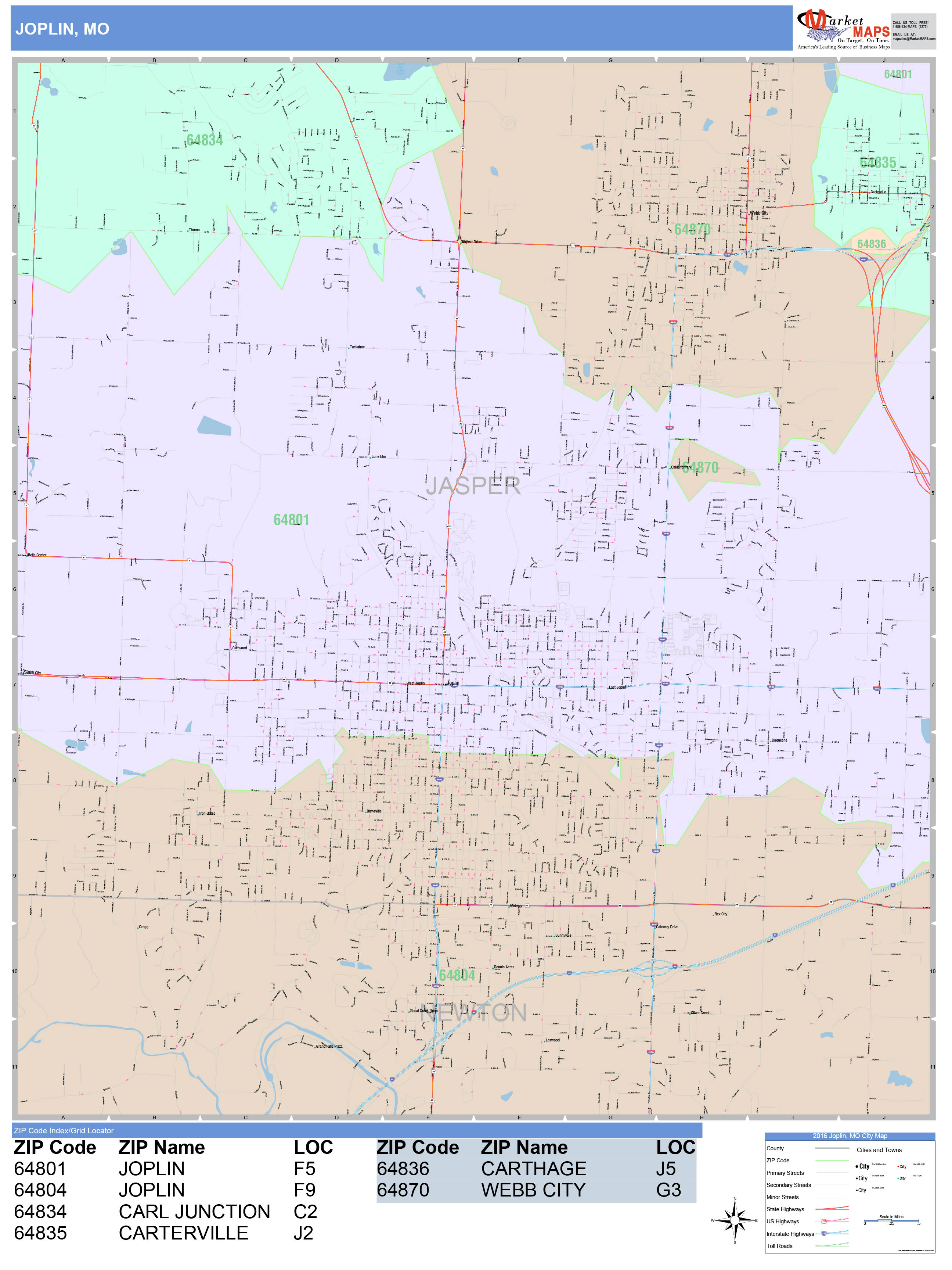 Joplin Missouri Wall Map (Color Cast Style) by MarketMAPS