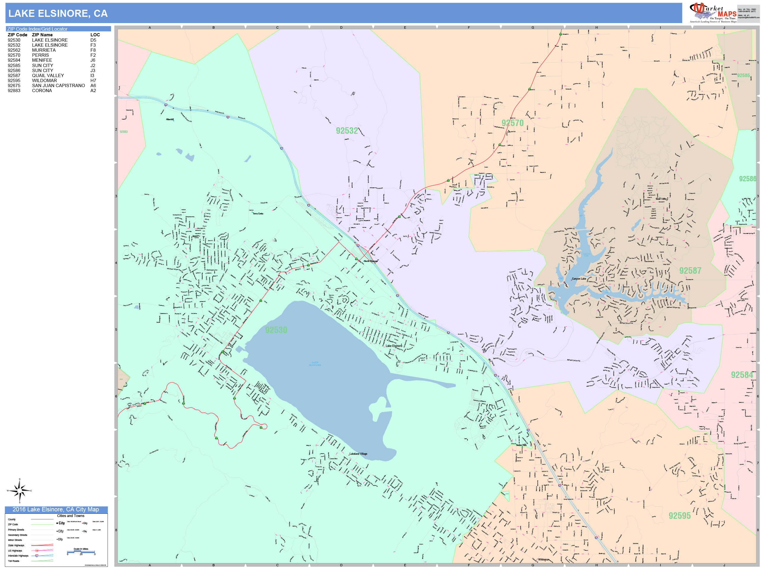 Lake Elsinore California Wall Map (Color Cast Style) by MarketMAPS