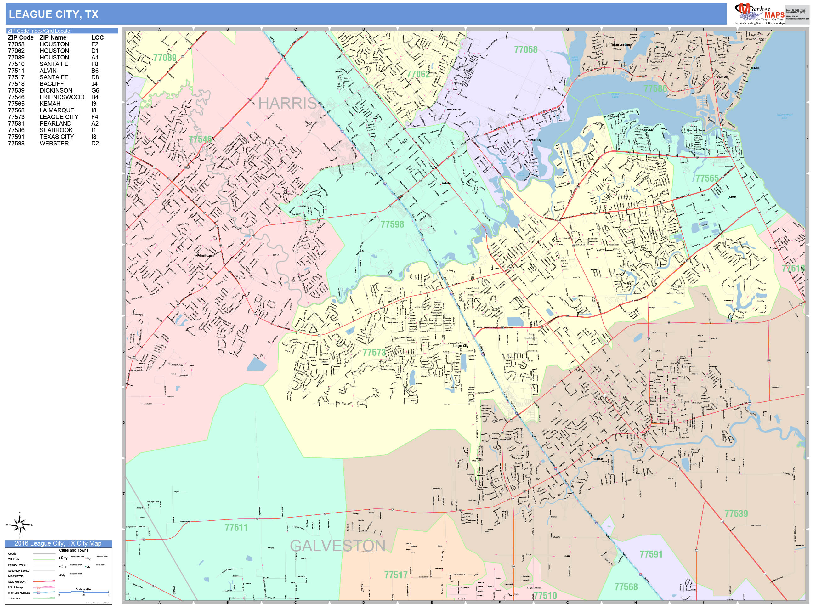 League City Texas Wall Map (Color Cast Style) by MarketMAPS