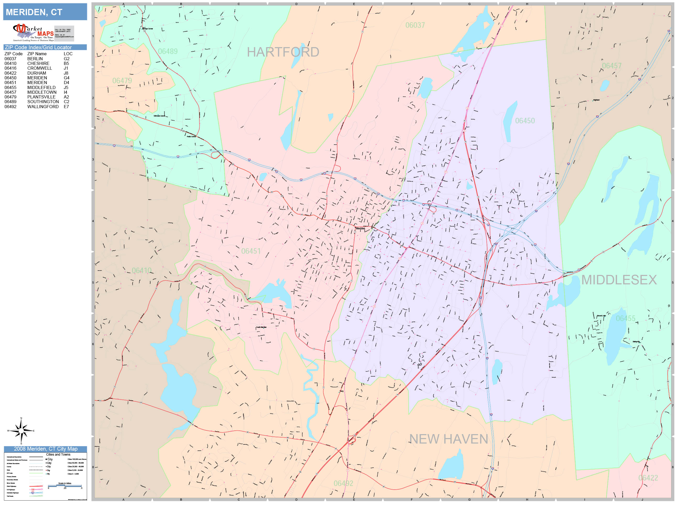 Meriden Connecticut Wall Map (Color Cast Style) by MarketMAPS
