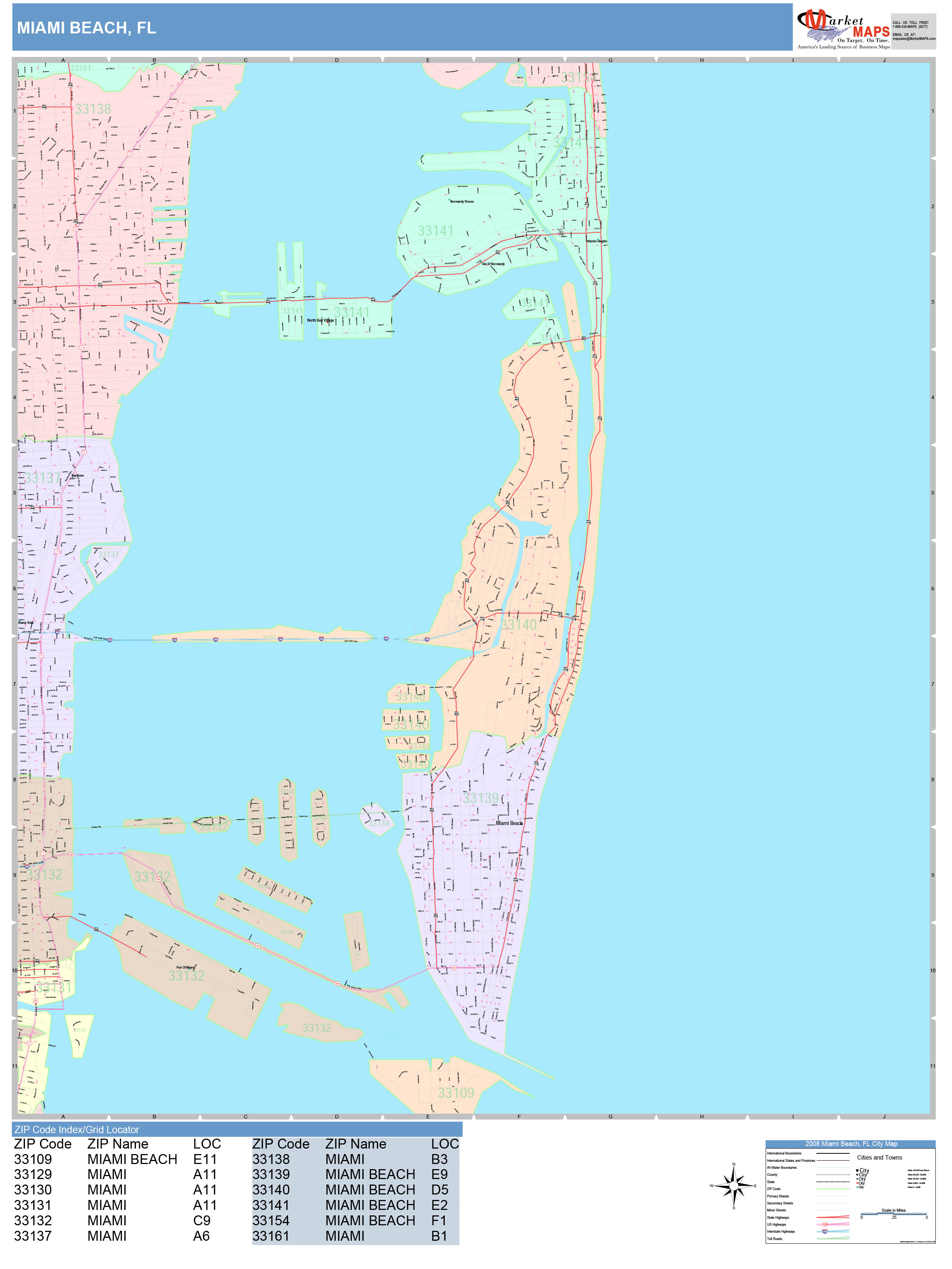 miami beach florida wall map (color cast style)marketmaps