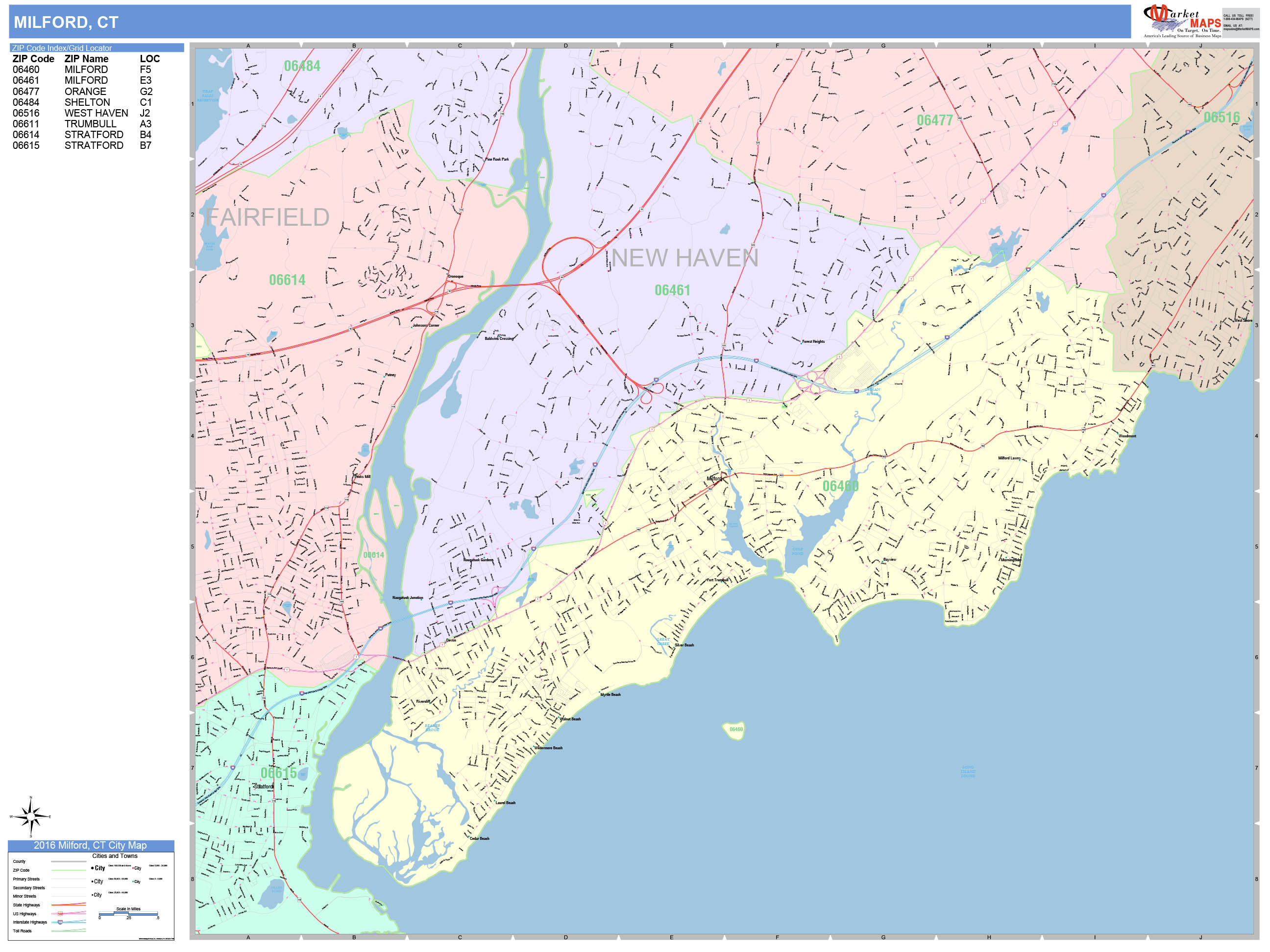 Milford Connecticut Wall Map (Color Cast Style) by MarketMAPS