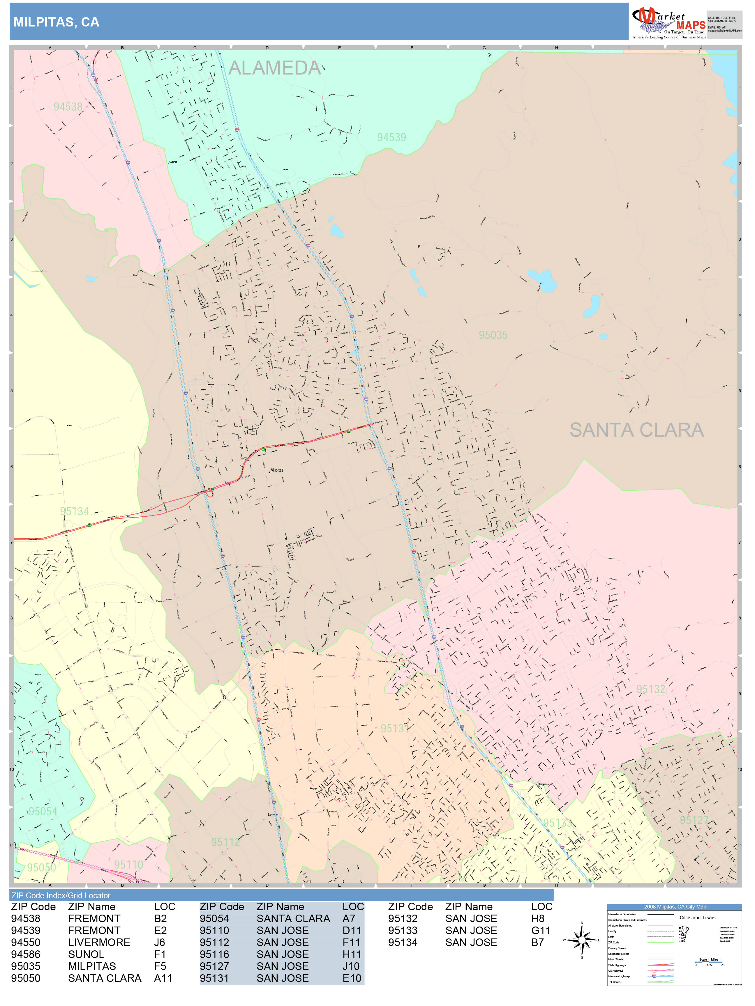 Milpitas California Wall Map (Color Cast Style) by MarketMAPS