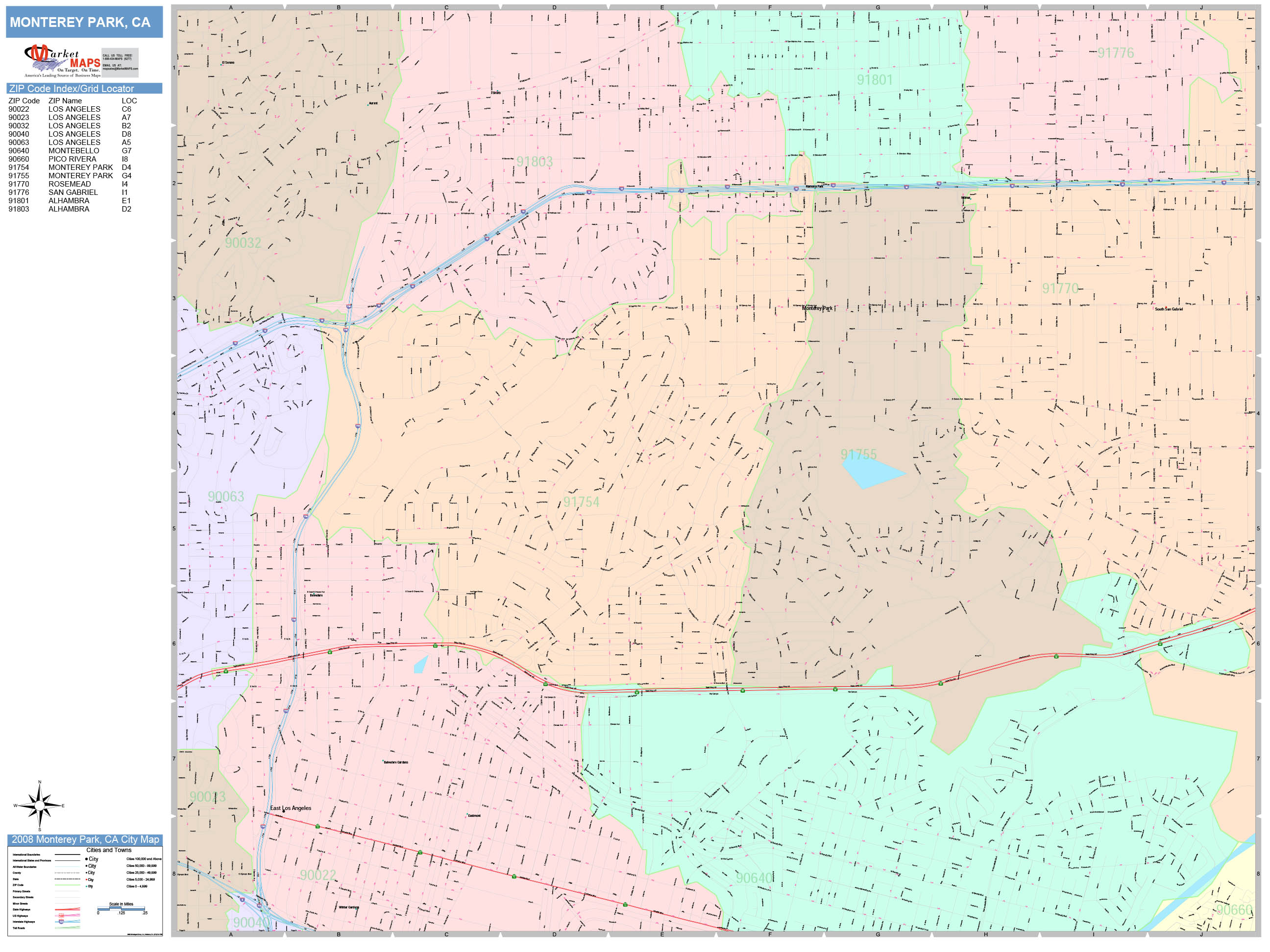 Monterey Park California Wall Map (Color Cast Style) by MarketMAPS