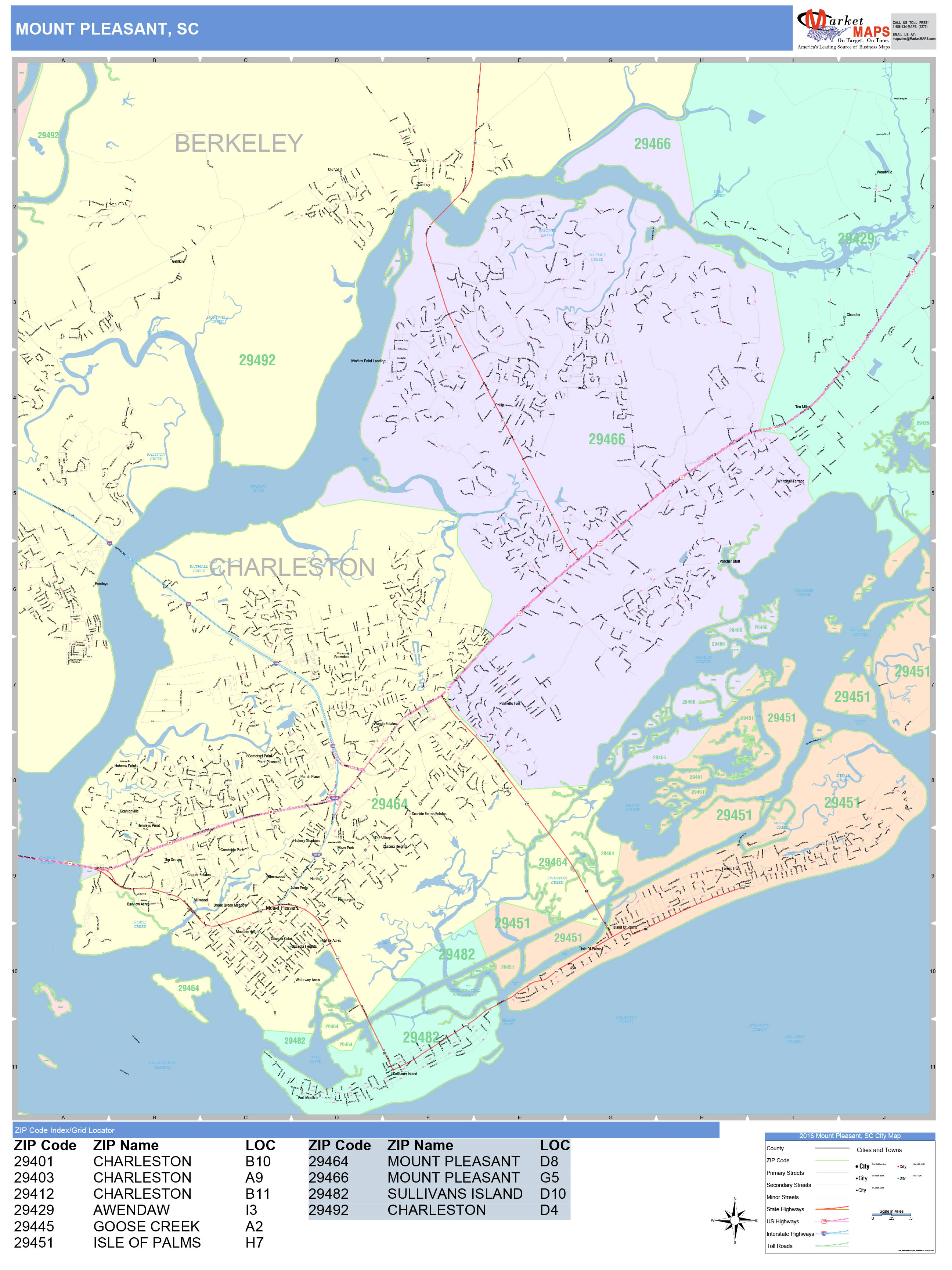 Mount Pleasant South Carolina Wall Map (Color Cast Style) by MarketMAPS MapSales
