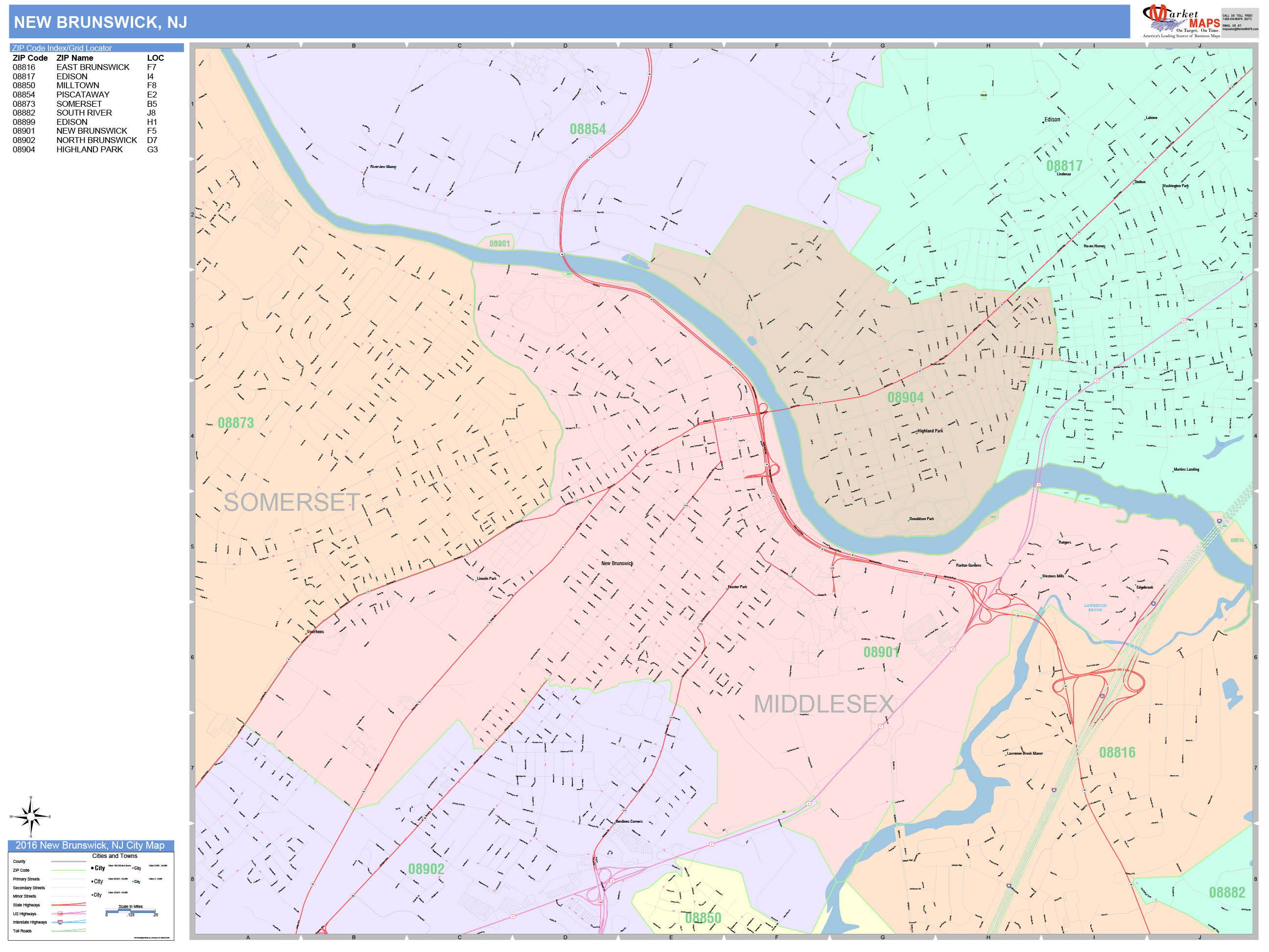 New Brunswick New Jersey Wall Map (Color Cast Style) by MarketMAPS