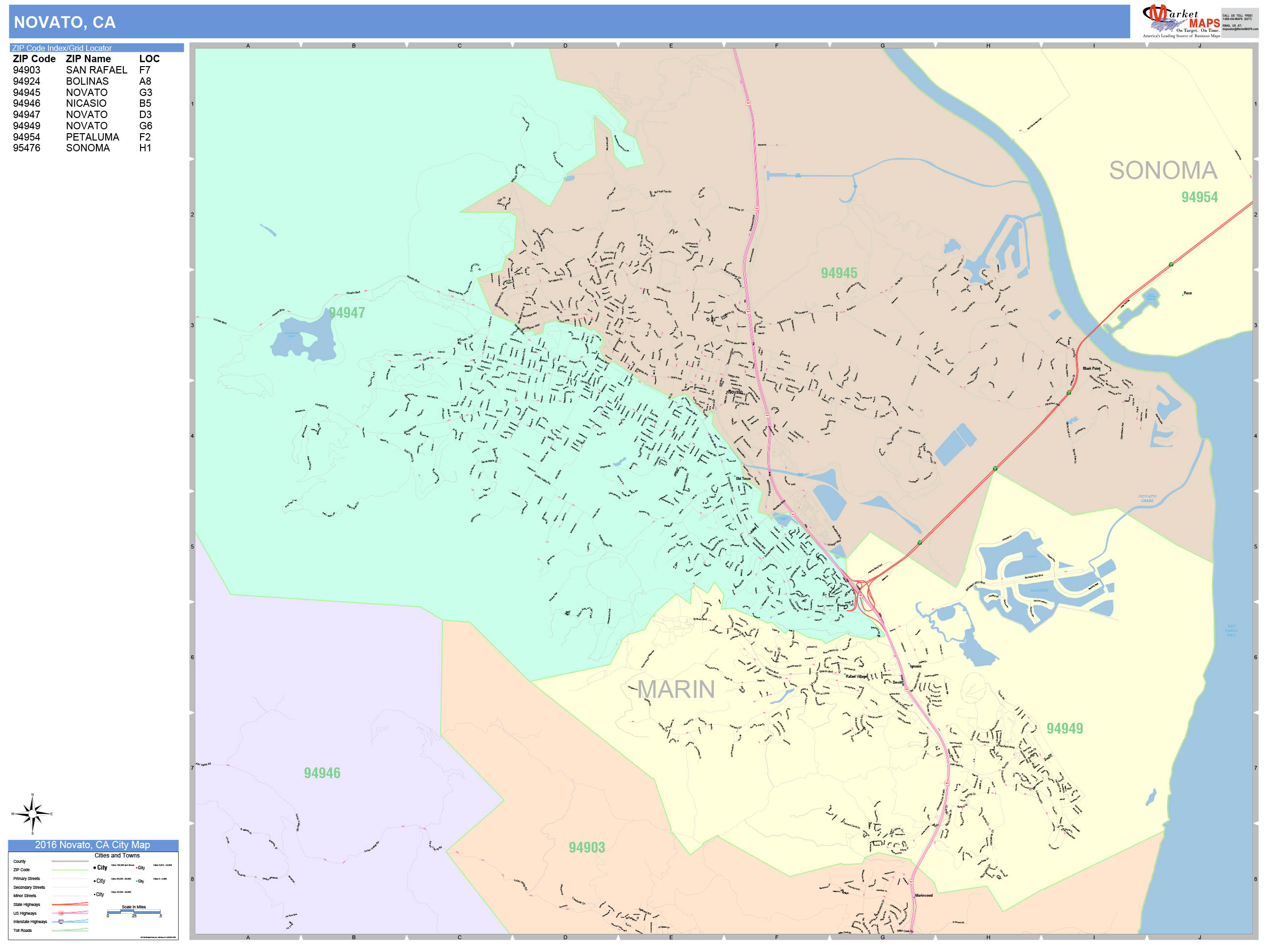 Novato California Wall Map (Color Cast Style) by MarketMAPS