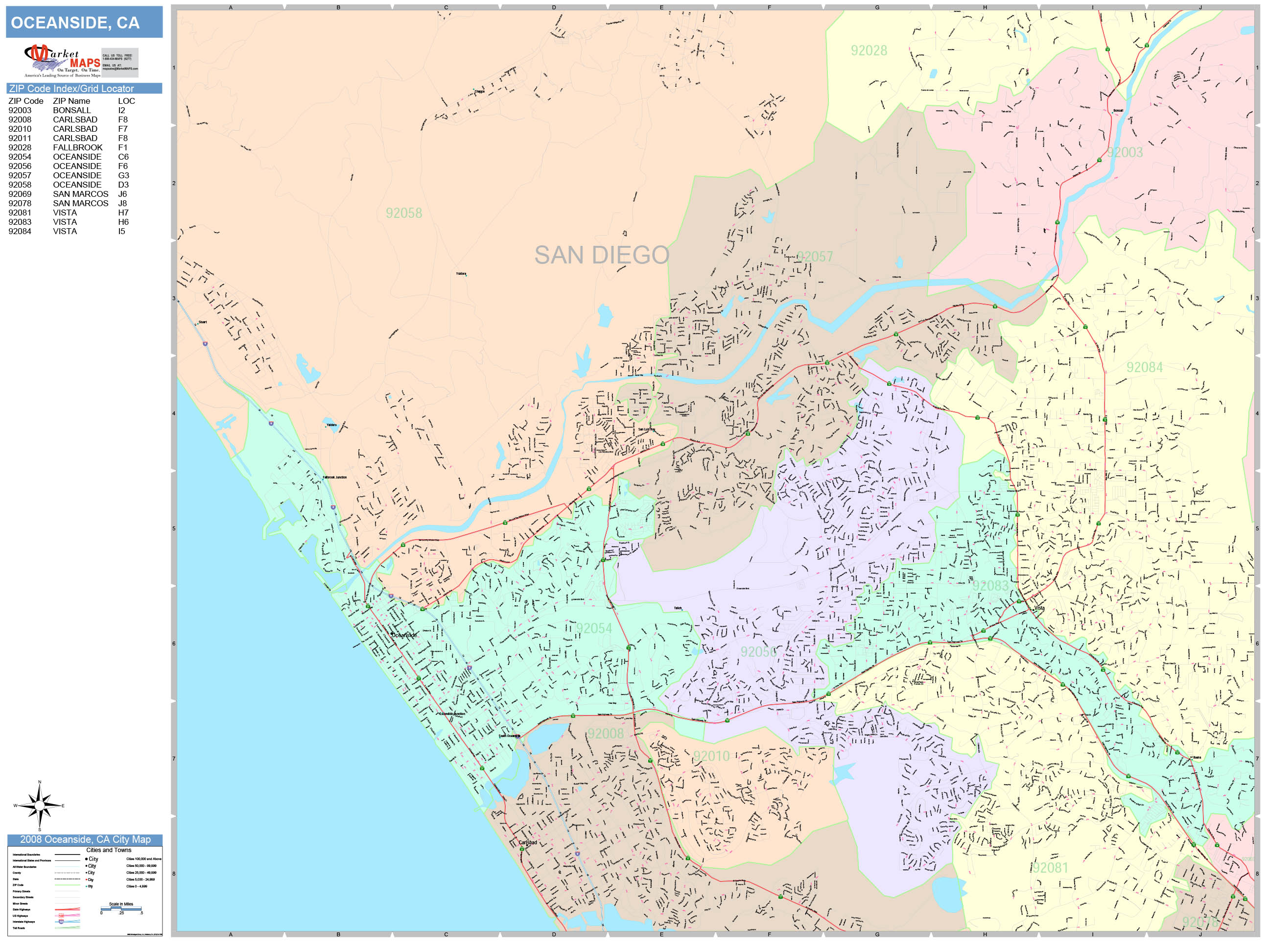 Oceanside California Wall Map (Color Cast Style) by MarketMAPS MapSales