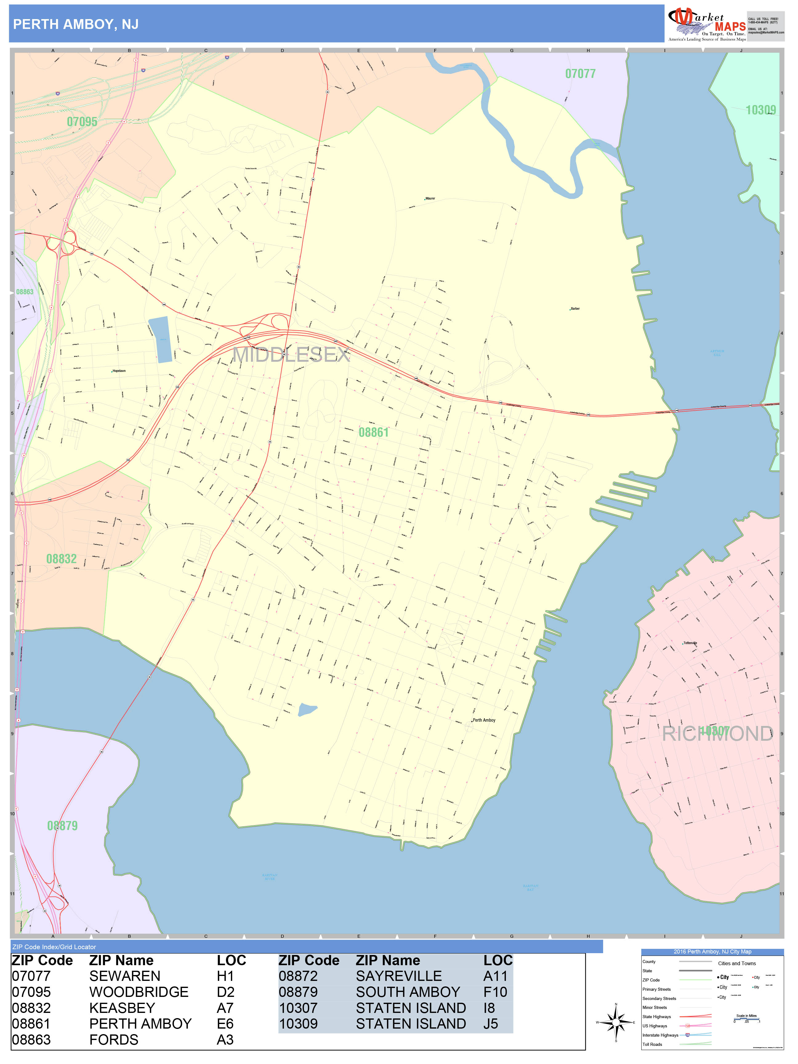 Perth Amboy New Jersey Wall Map (Color Cast Style) by MarketMAPS