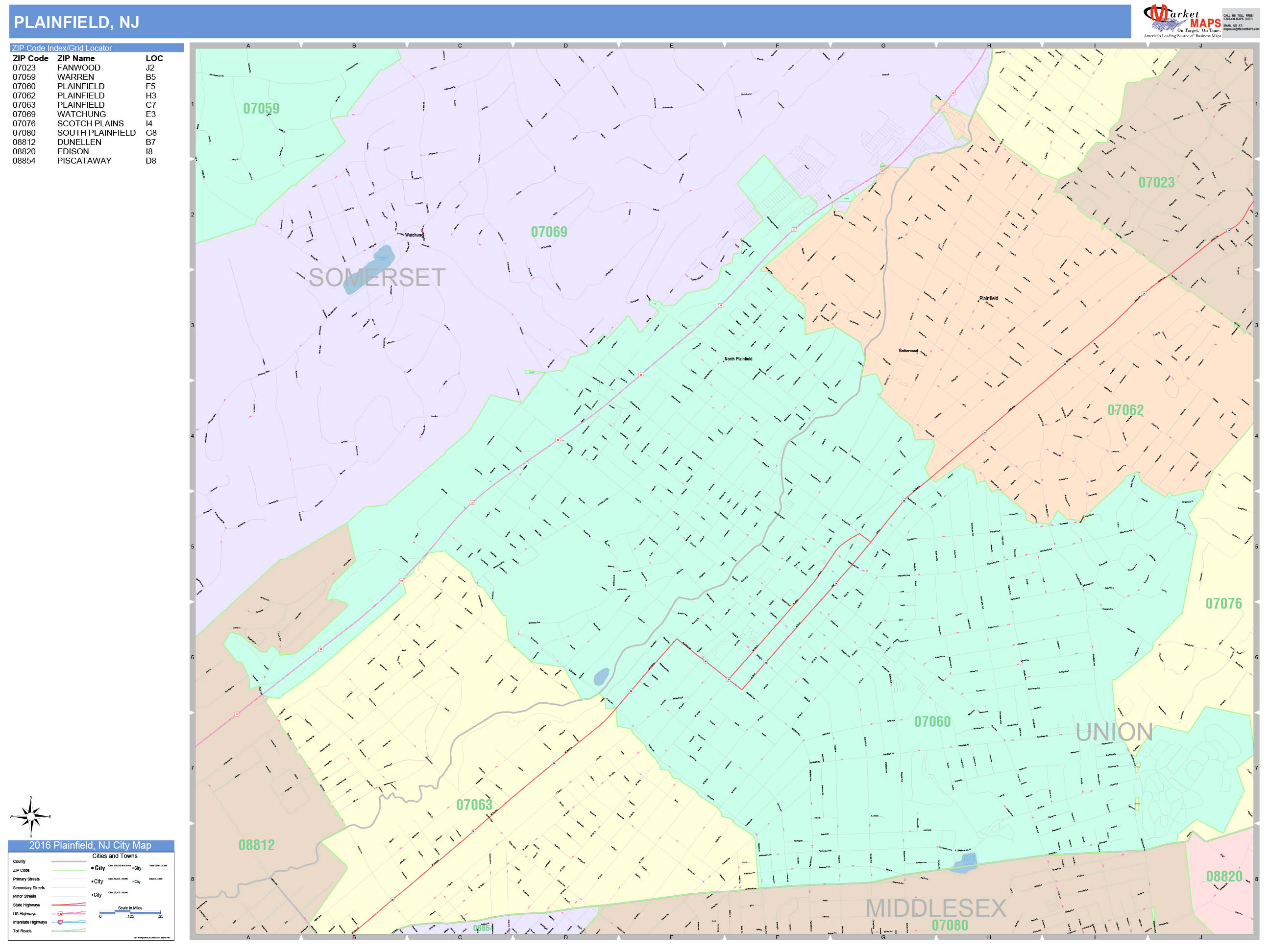 Plainfield New Jersey Wall Map (Color Cast Style) by MarketMAPS MapSales