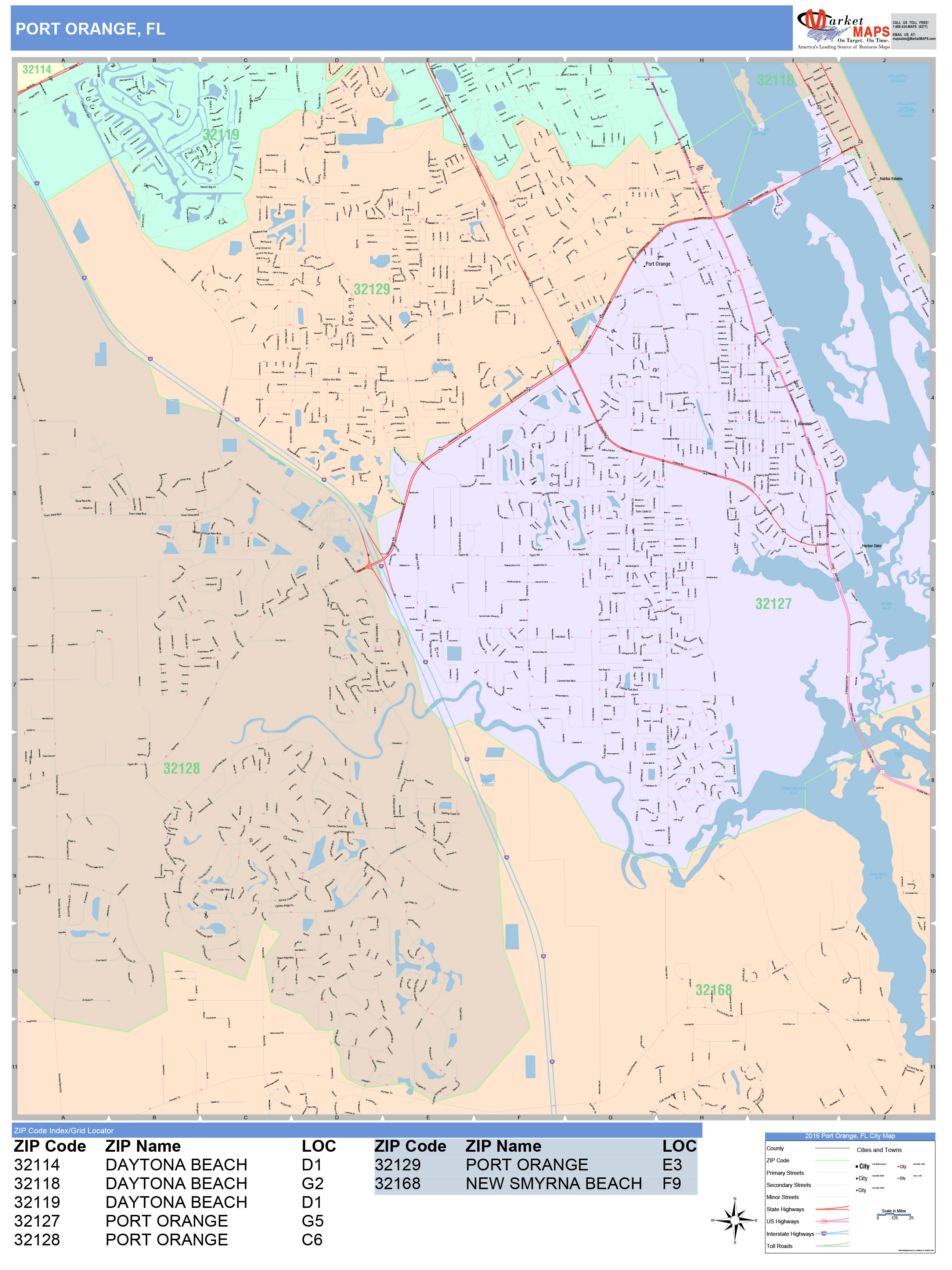 Port Orange Florida Wall Map (Color Cast Style) by MarketMAPS
