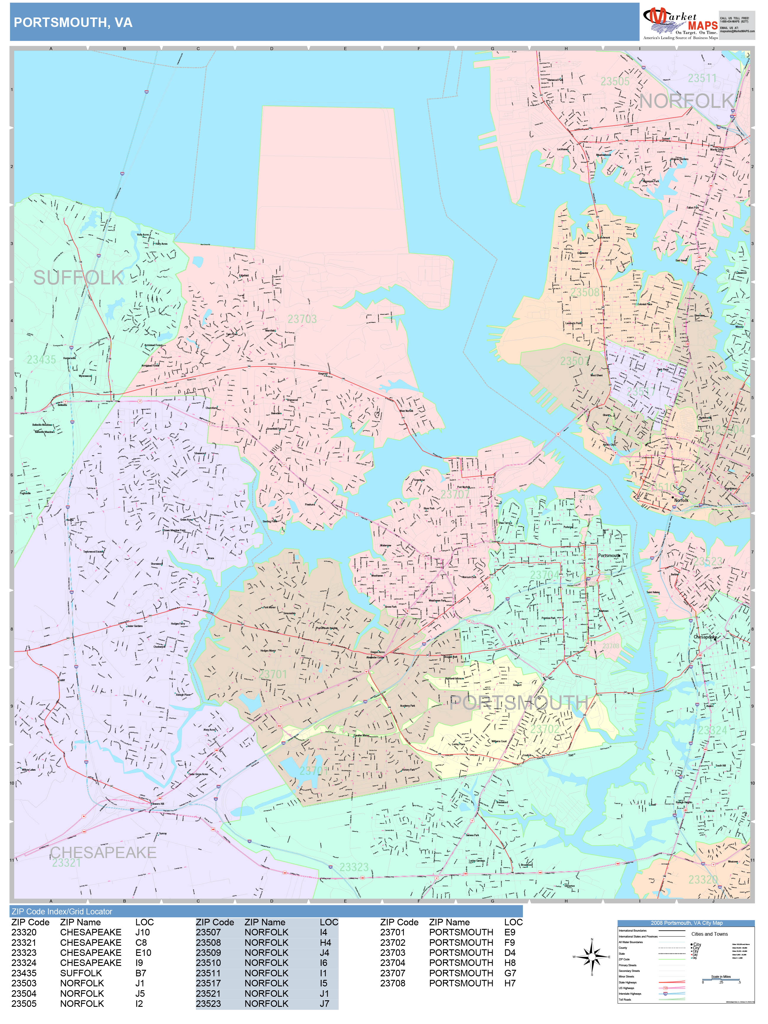 Portsmouth Virginia Wall Map (Color Cast Style) by MarketMAPS MapSales