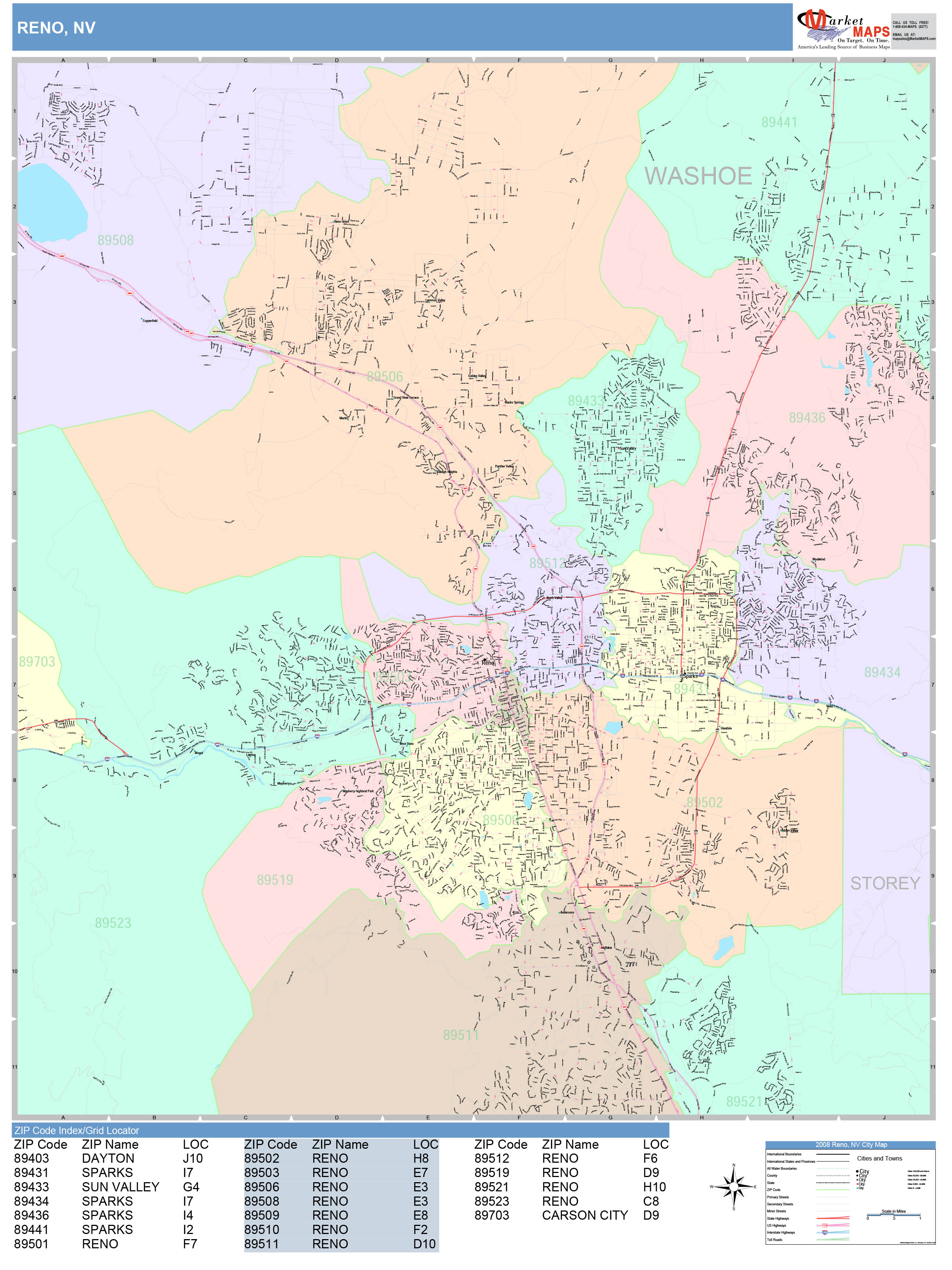 Reno Nevada Wall Map (Color Cast Style) by MarketMAPS