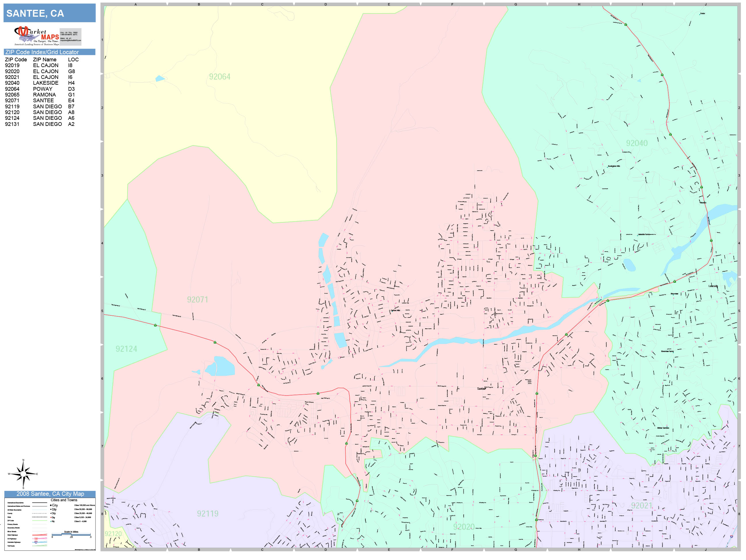 Santee California Wall Map (Color Cast Style) by MarketMAPS