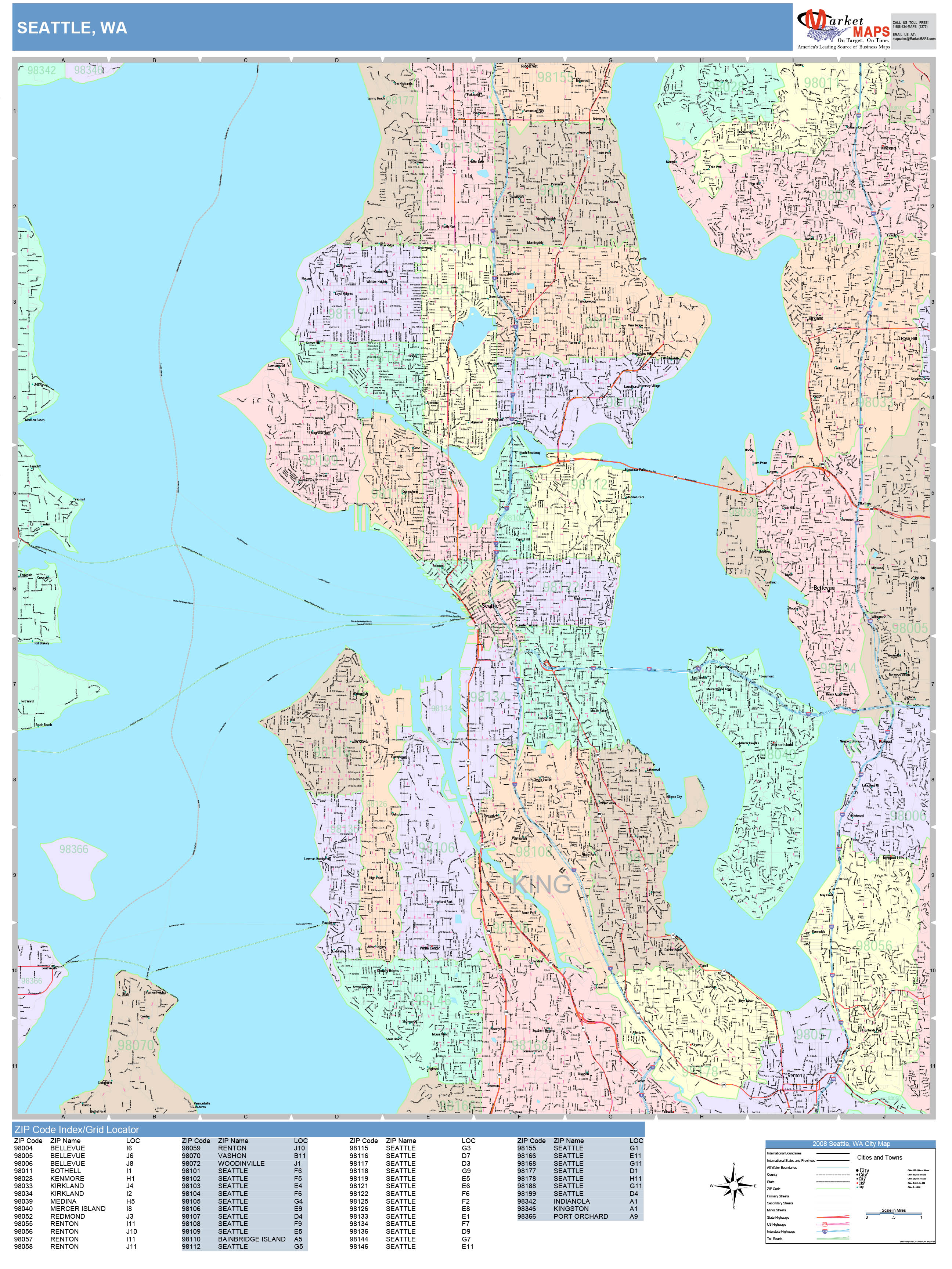 Seattle Washington Wall Map (Color Cast Style) by MarketMAPS - MapSales