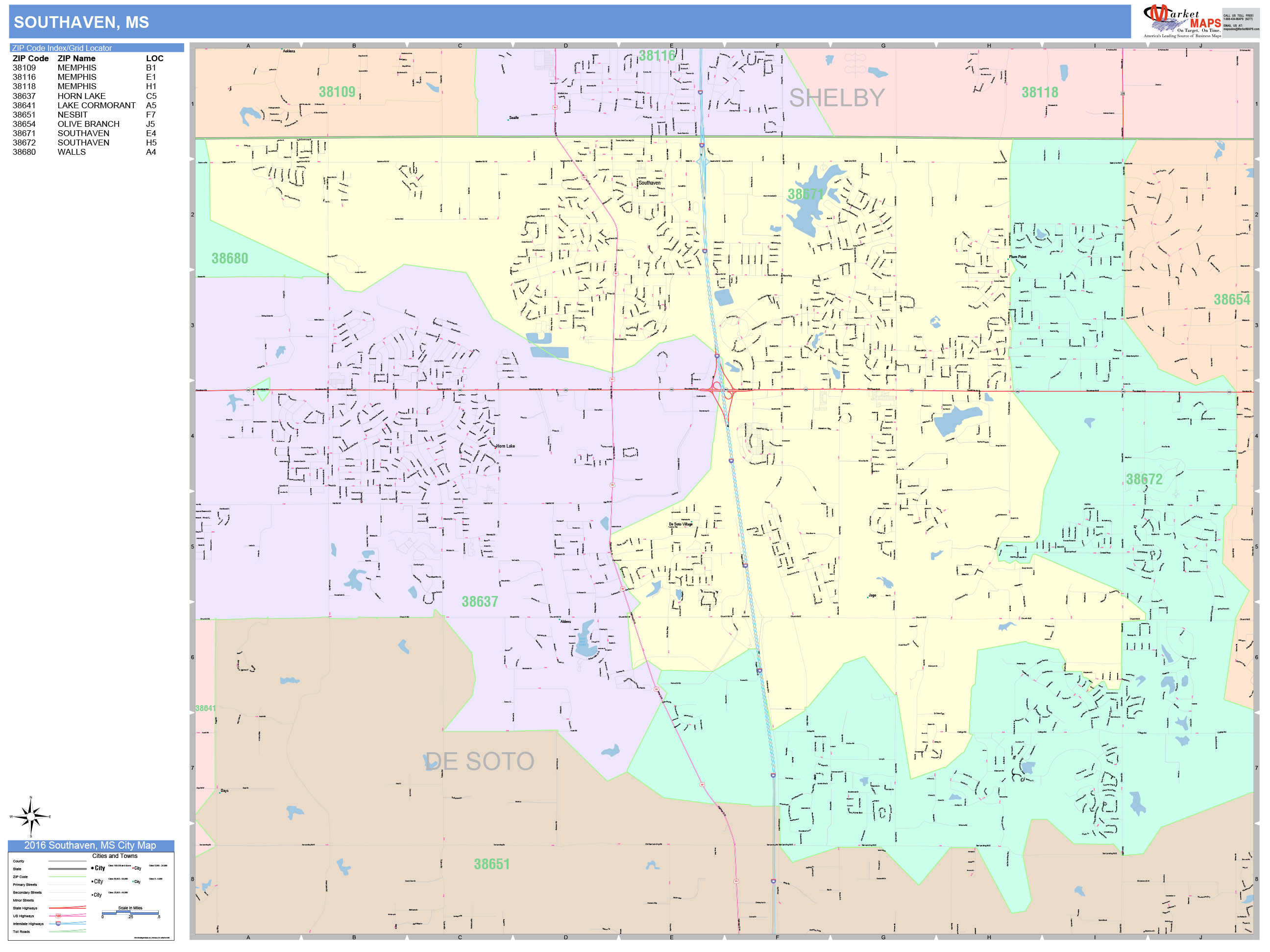 Southaven Mississippi Wall Map (Color Cast Style) by MarketMAPS 