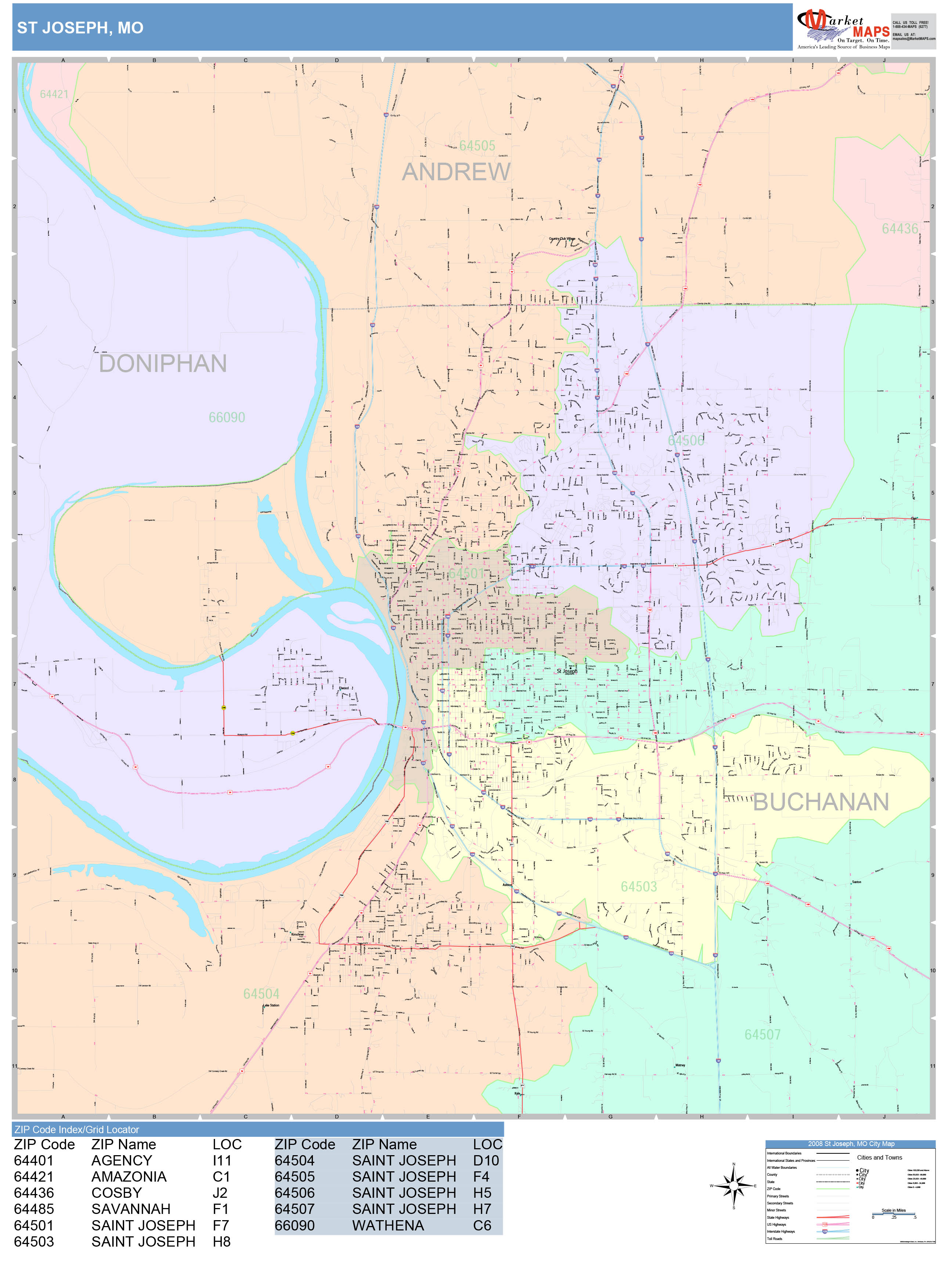 St. Joseph Missouri Wall Map (Color Cast Style) by MarketMAPS