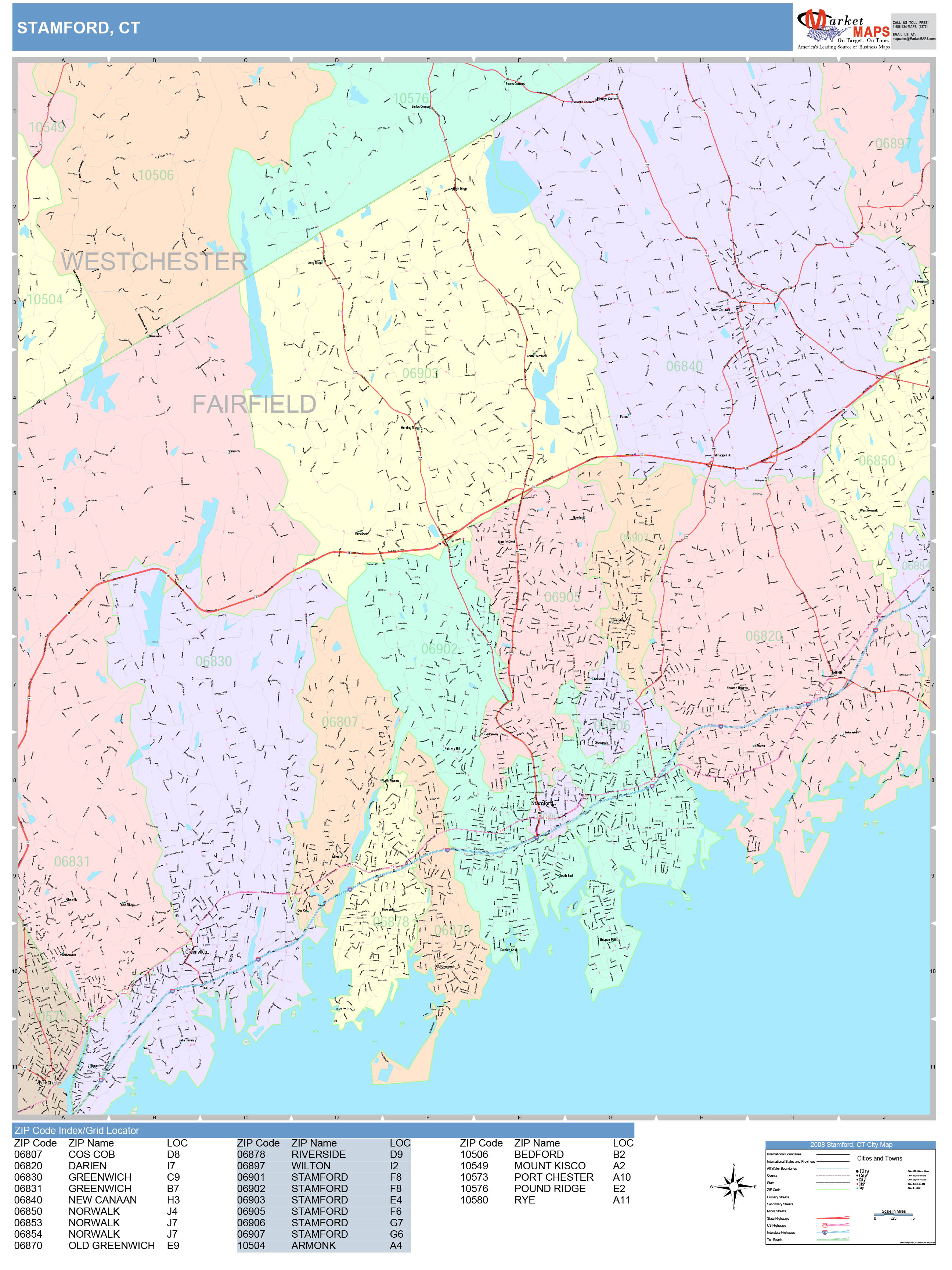 Stamford Connecticut Wall Map (Color Cast Style) by MarketMAPS ...