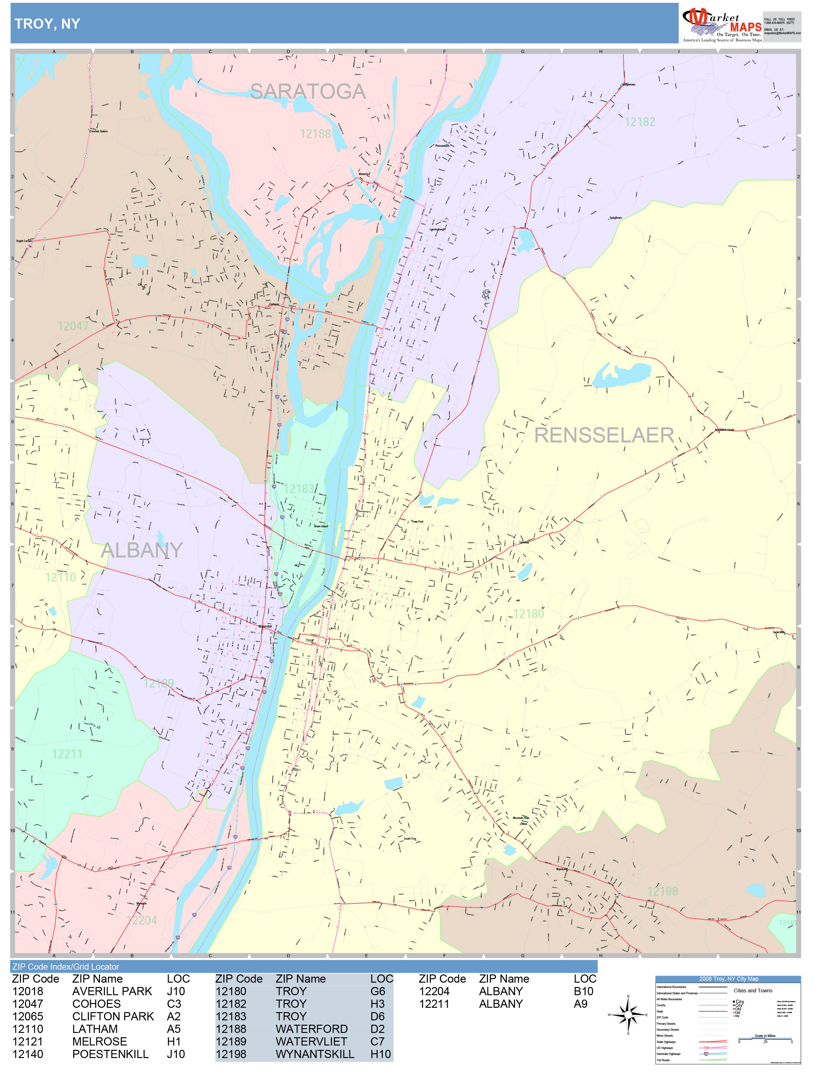 Troy New York Wall Map (Color Cast Style) by MarketMAPS - MapSales.com