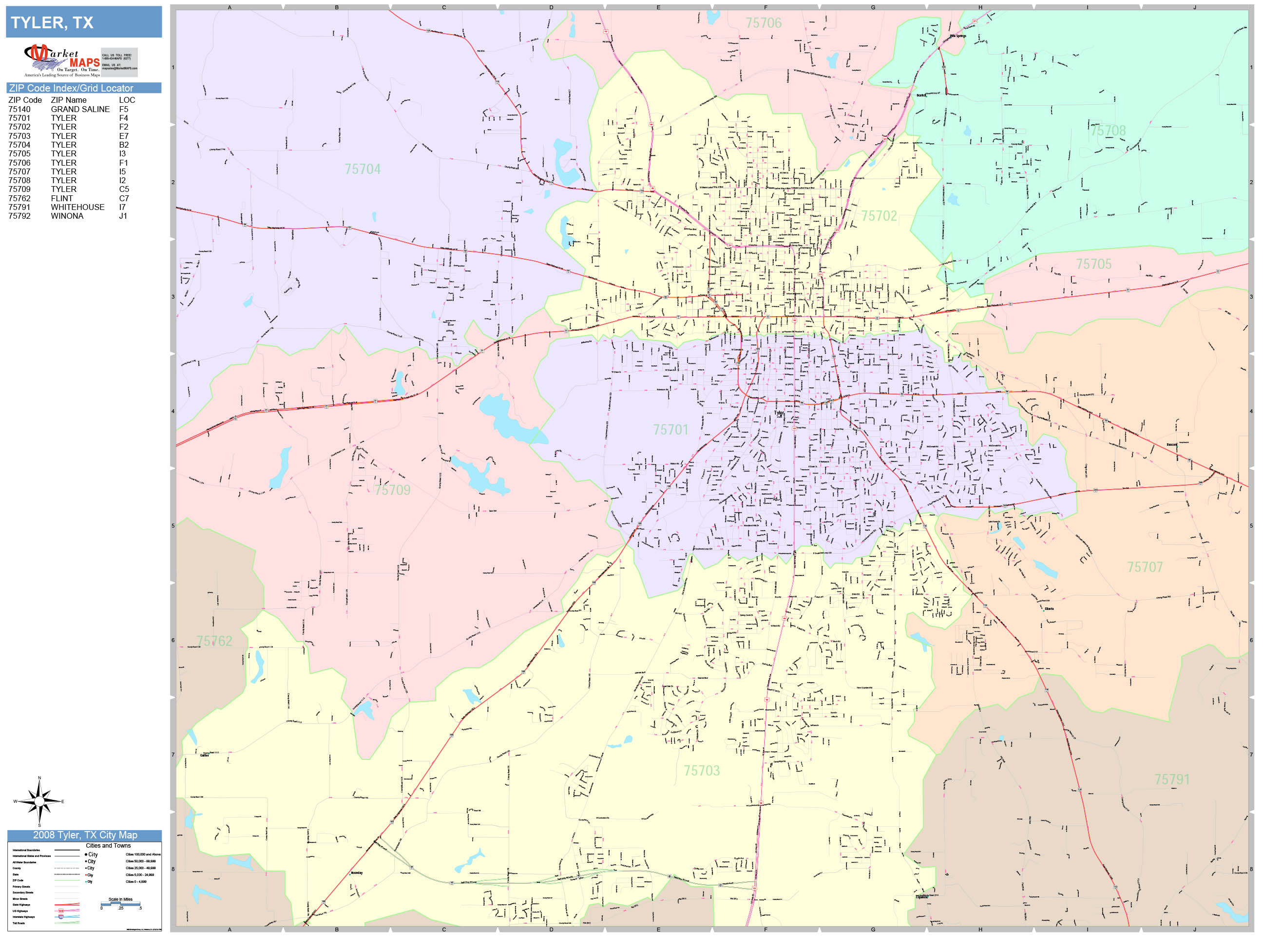 Tyler Texas Wall Map (Color Cast Style) by MarketMAPS MapSales
