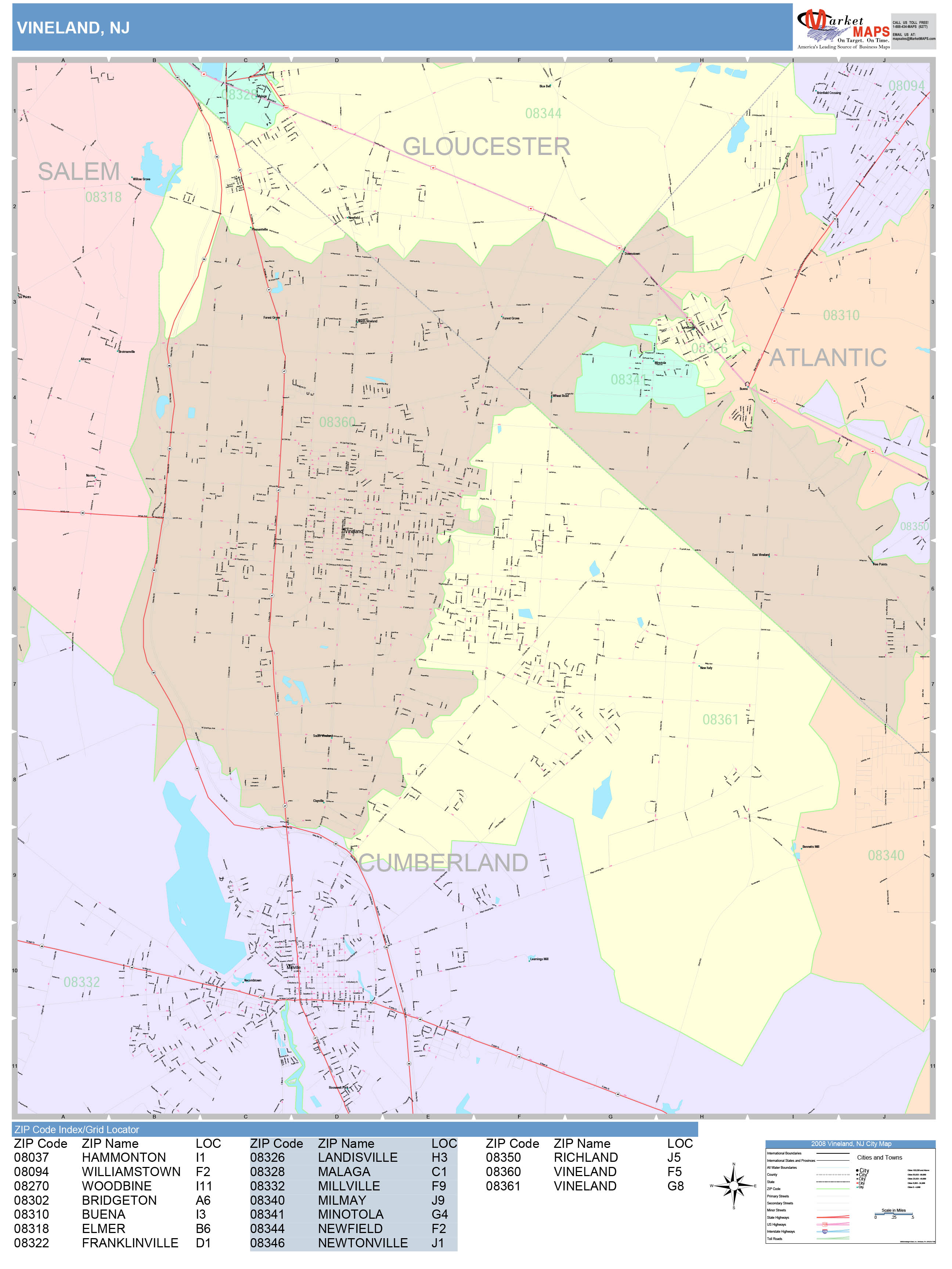 Vineland New Jersey Wall Map (Color Cast Style) by MarketMAPS