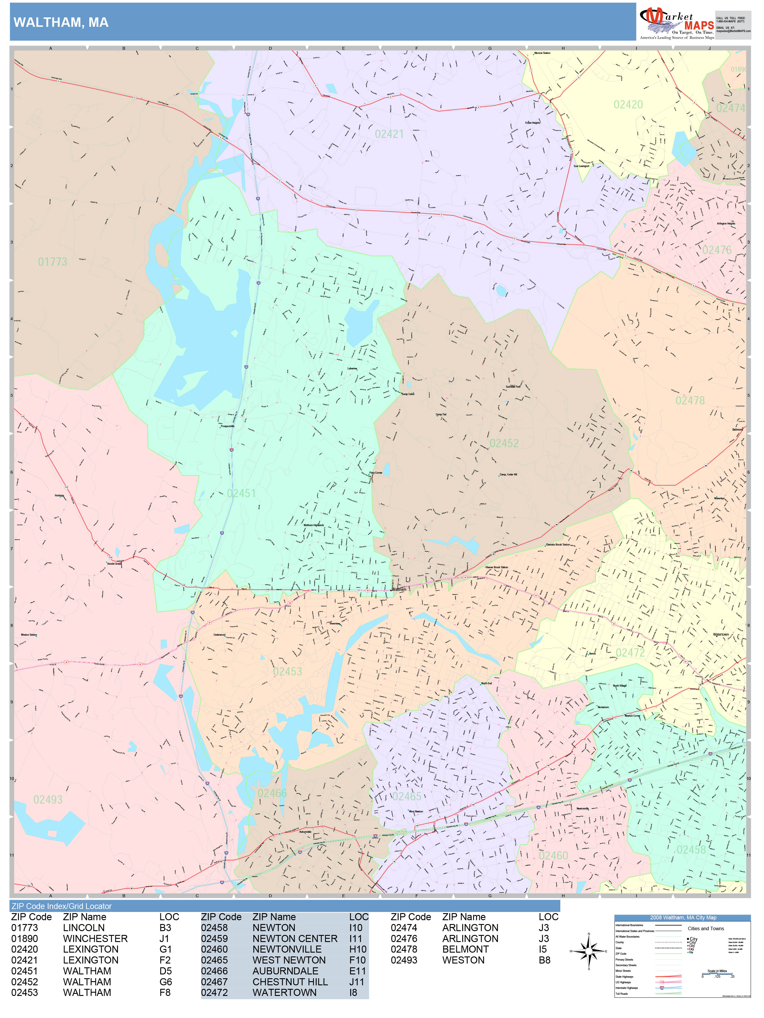 Waltham Massachusetts Wall Map (Color Cast Style) by MarketMAPS