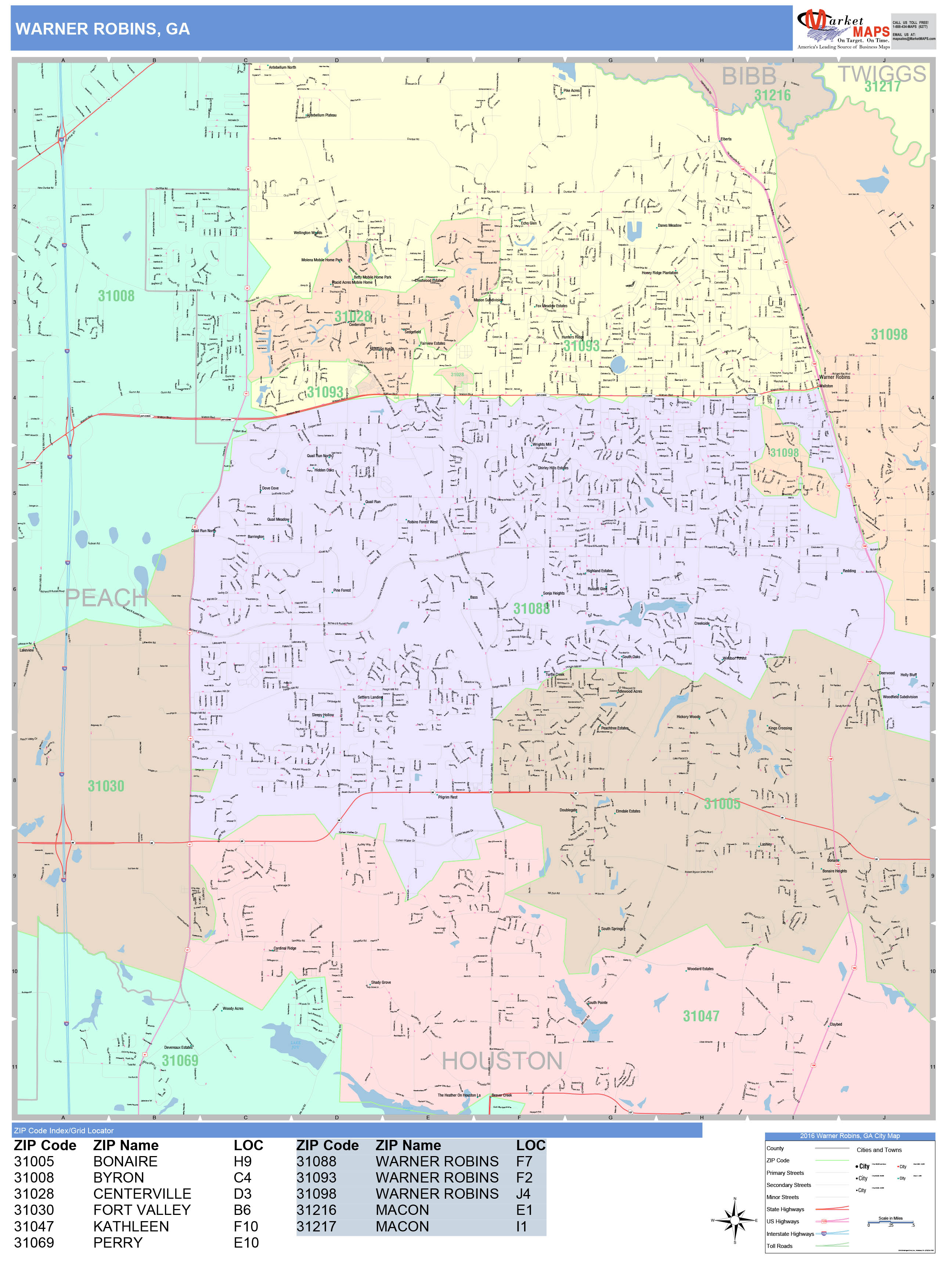 Warner Robins Georgia Wall Map (Color Cast Style) by MarketMAPS