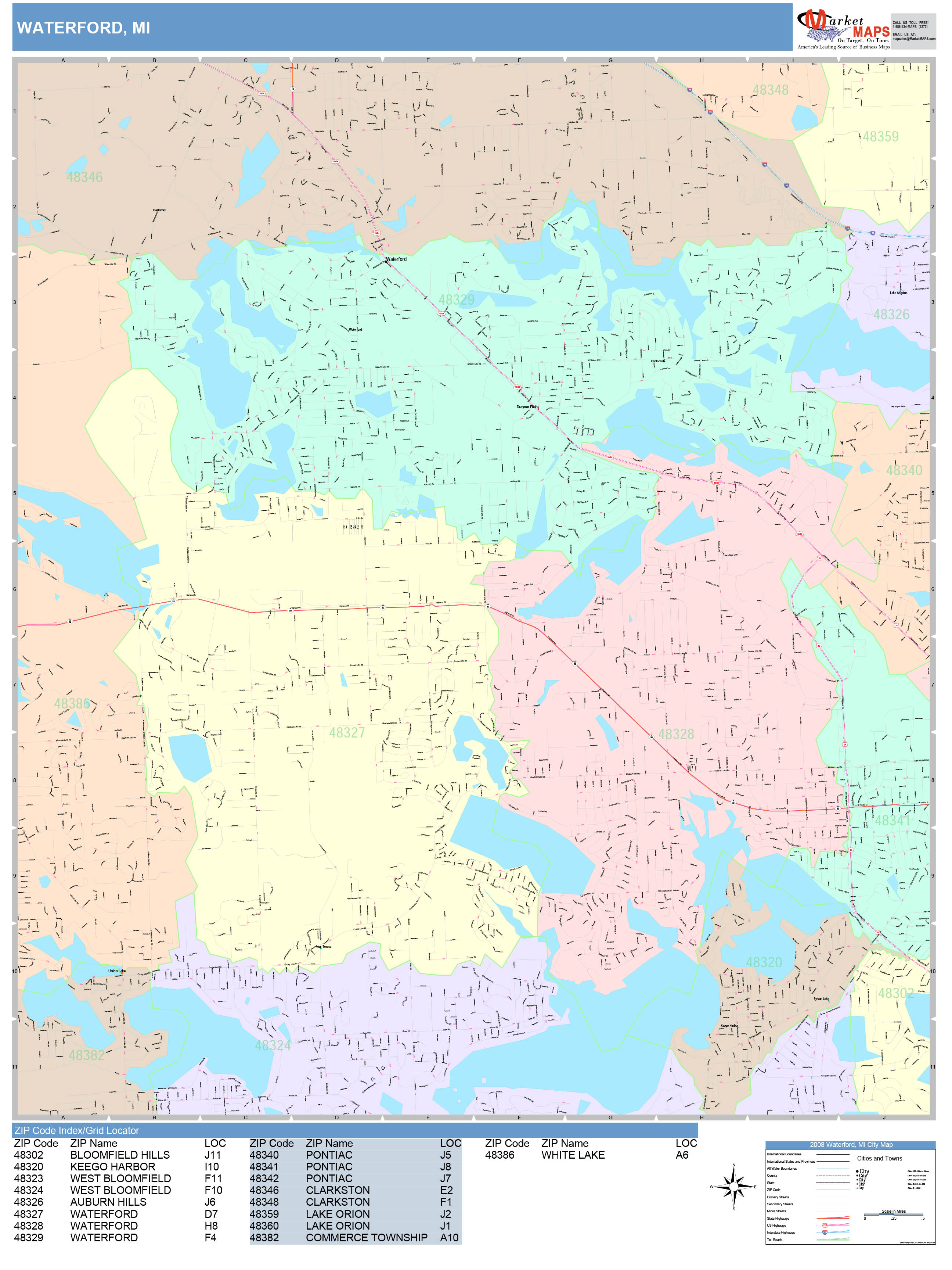 Waterford Michigan Wall Map (Color Cast Style) by MarketMAPS MapSales
