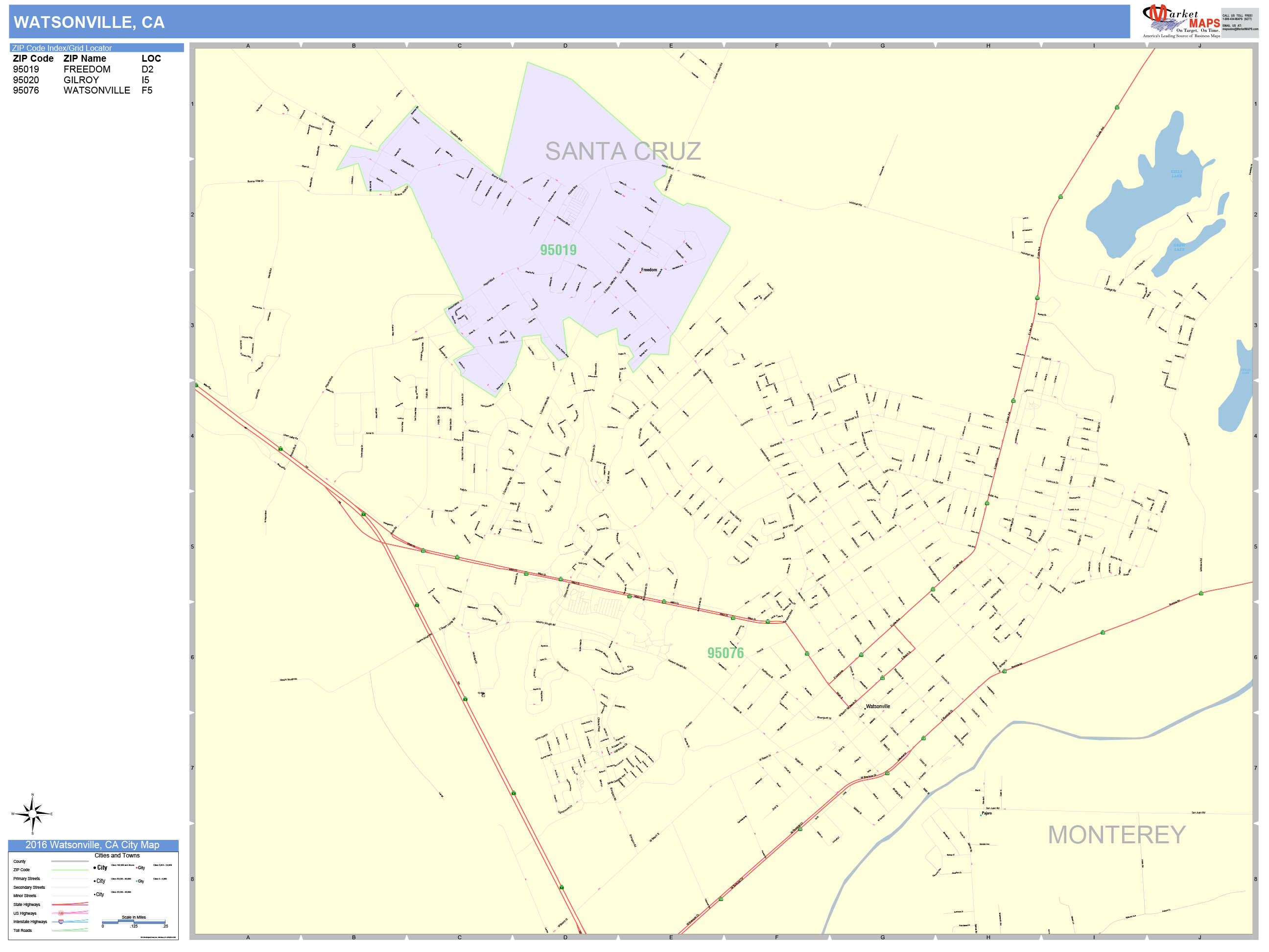 Watsonville California Wall Map (Color Cast Style) by MarketMAPS