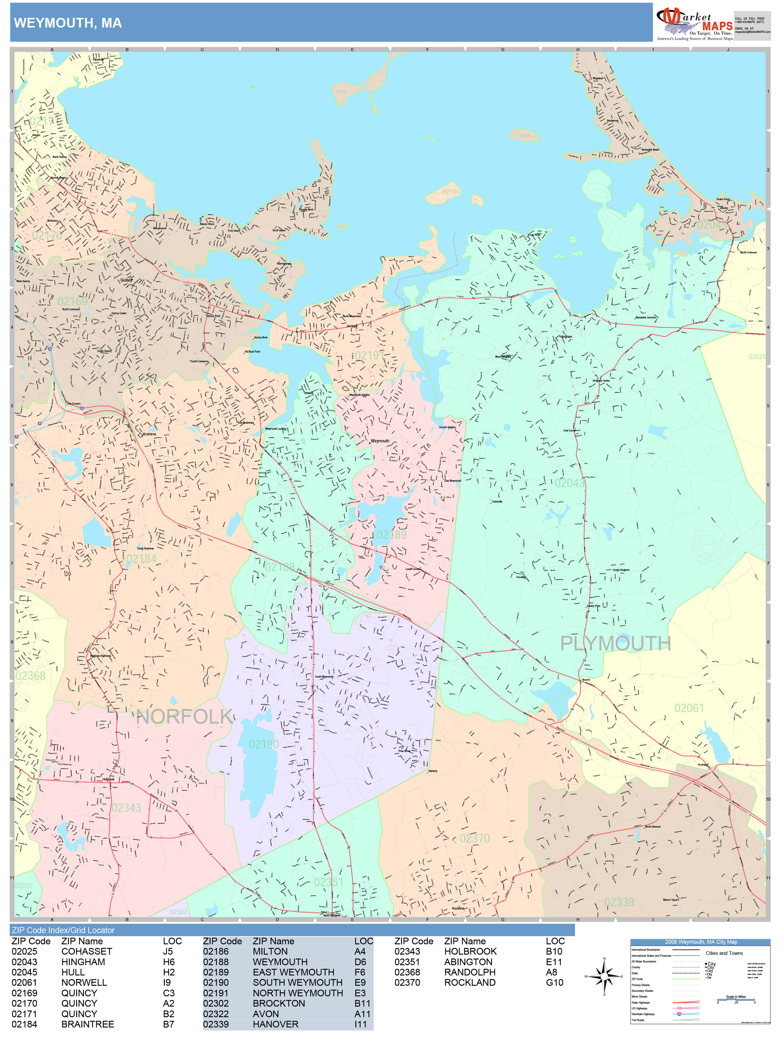 Weymouth Massachusetts Wall Map (Color Cast Style) by MarketMAPS