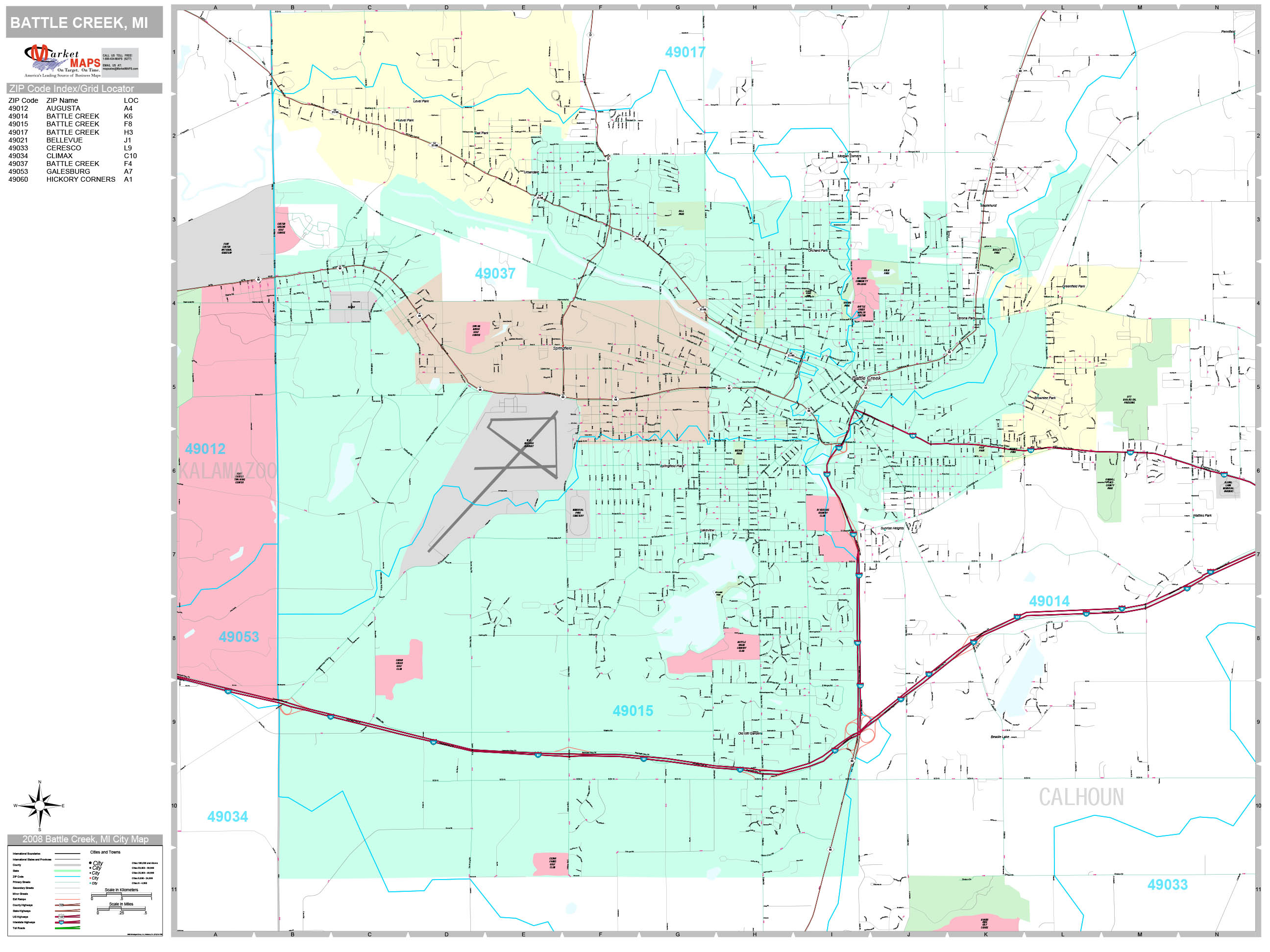 Battle Creek Michigan Wall Map (Premium Style) by MarketMAPS