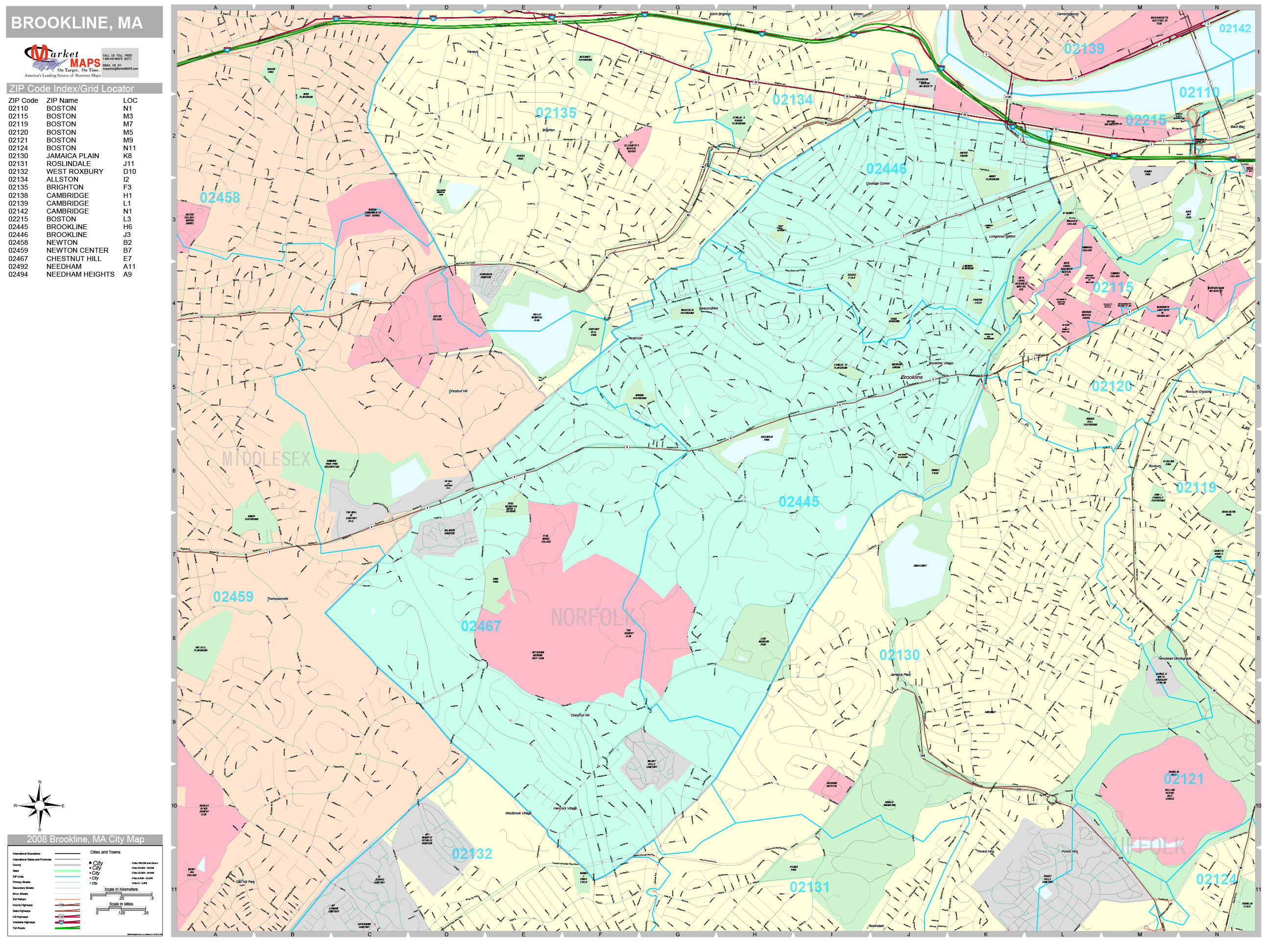 Brookline Massachusetts Wall Map (Premium Style) by MarketMAPS MapSales