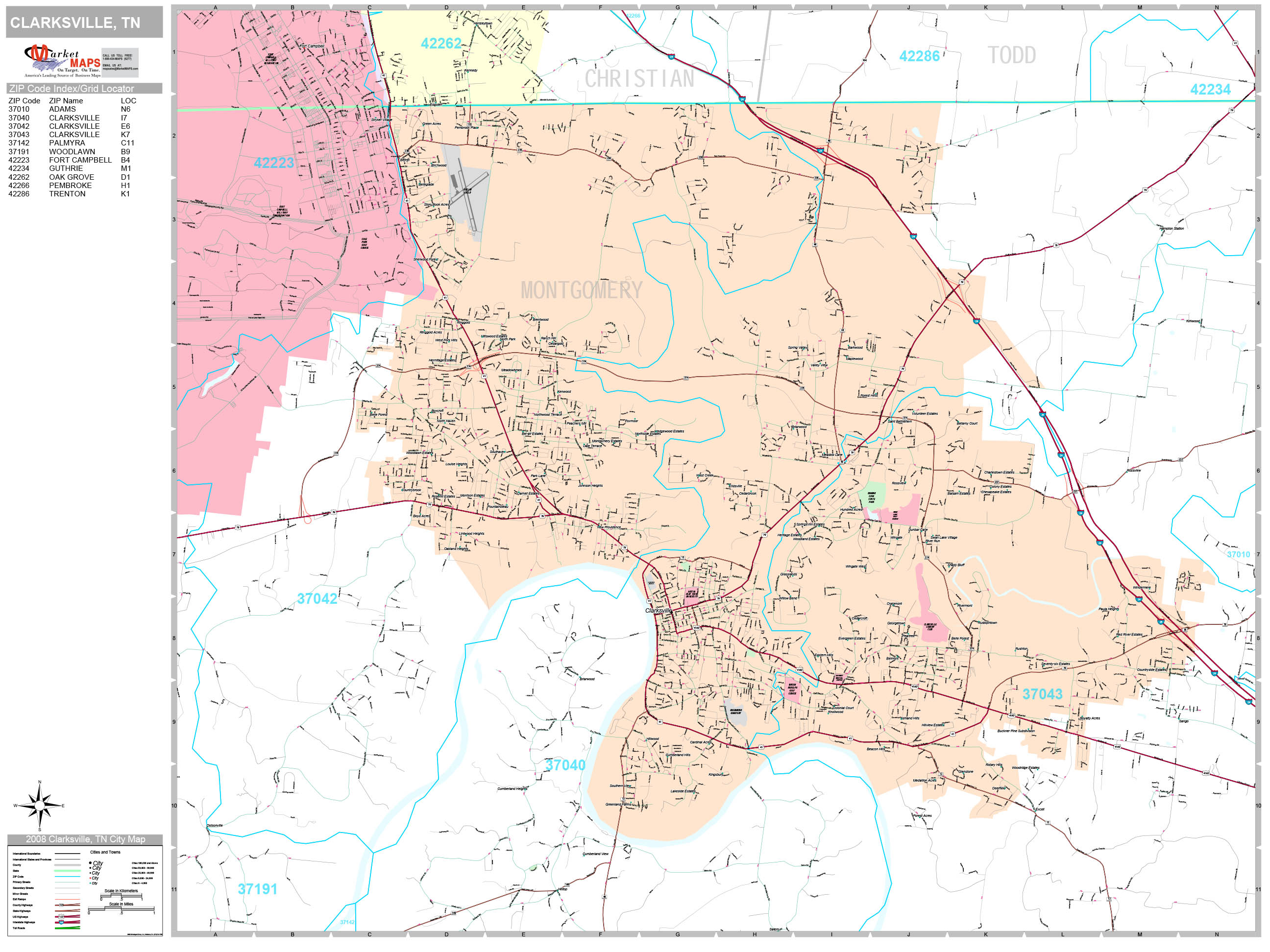 Clarksville Tennessee Wall Map Premium Style By MarketMAPS